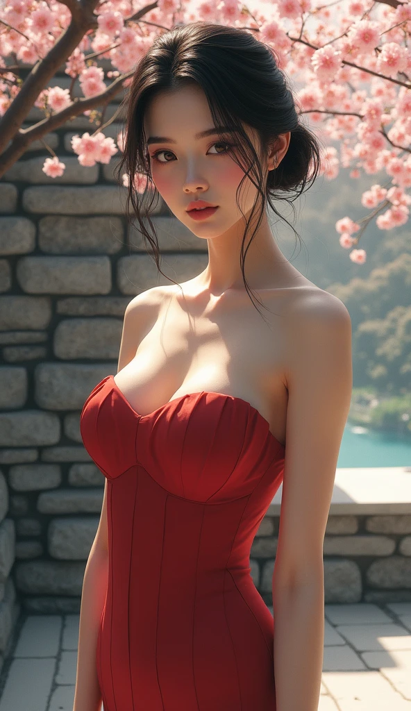 Girl in a red suit with a bouquet of flowers, 豊かなred,unparalleled beauty,Super cute, fine eyes、anatomy,all red, fine art fashion photography, 鮮やかなred, red adornments, Shades of red, red rose, red,, red accent, Red clothes, Very red, red調, celestial red flowers vibe, Red clothesを着て、highest quality、best image quality、masterpiece:1.3、portrait、8K、perfect lighting、professional photographer、