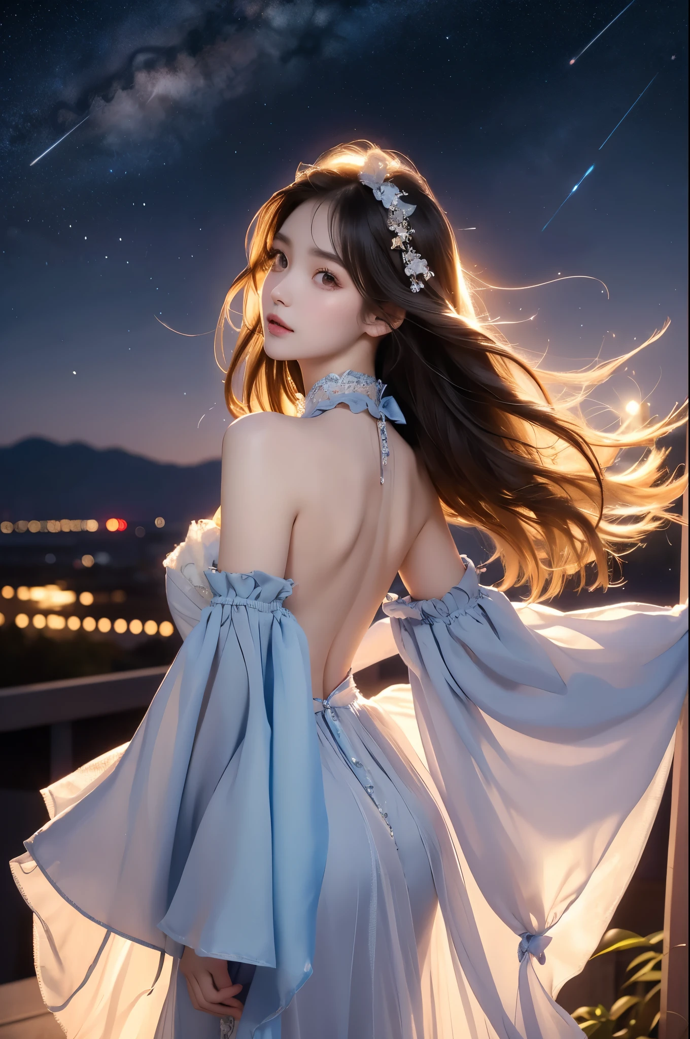 blue dress,blue sleeves,dress bow,layered dress,choker,butterfly wings,hair flower,long dress, (Asian beauty, full body photo: 1.2), (night, starry sky, space scene), (slim athletic figure: 1.1), (visible cleavage: 0.8), (smooth skin, no deformities: 1.2), relaxed posture: (right back support: 1.1), torso slightly back, head tilted, charming smile, hands gently lifted hemline, long shaggy hair flowing, delicate features: (large bright eyes, long eyelashes: 1.1), mouth slightly upturned, expression gentle and confident, (fidelity: 1.1) 1.2), high detail, soft lighting, warm tones