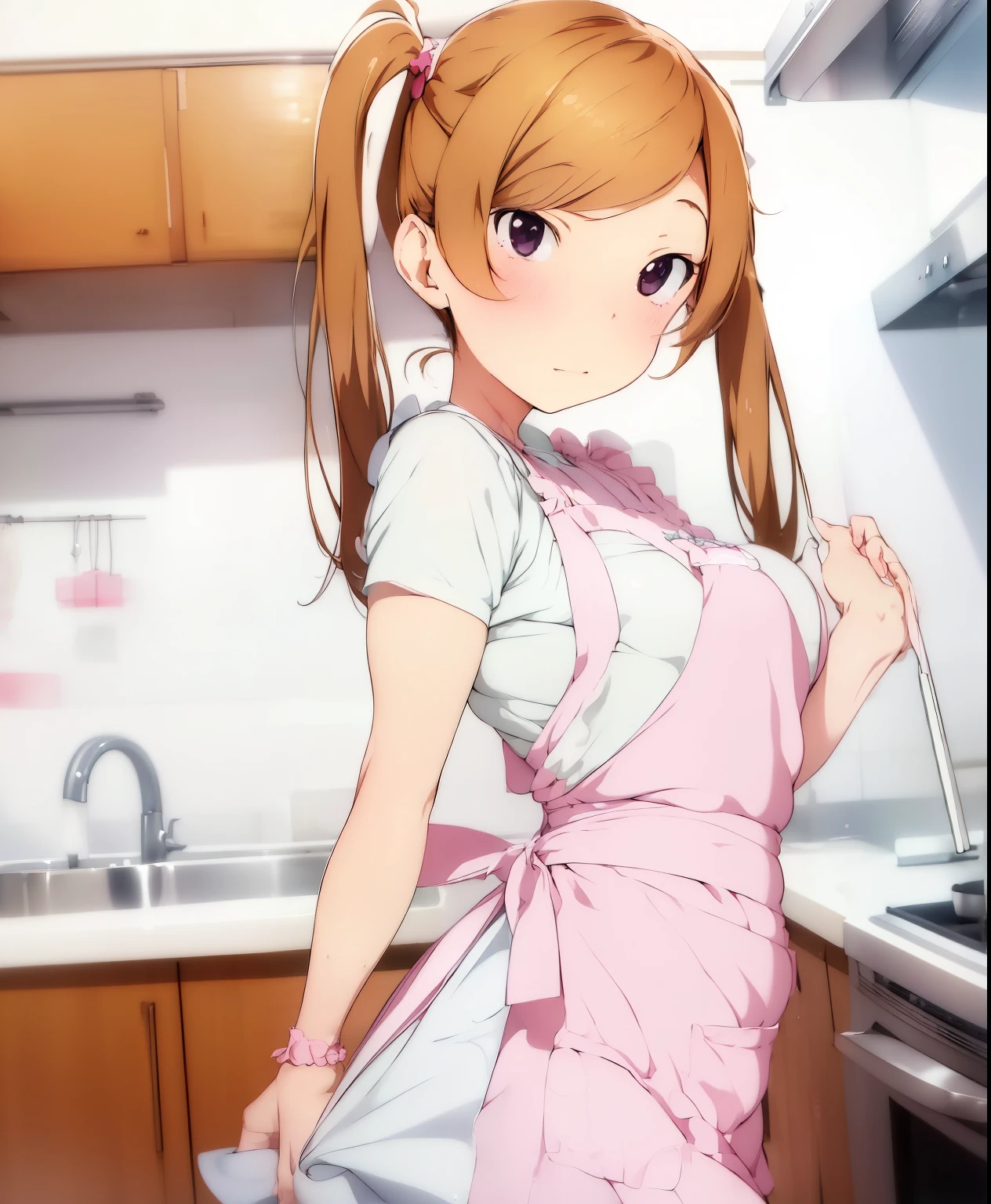 (masterpiece、Best Quality、Best Quality、Official Art、Beautiful and beautiful:1.2)、(One person:1.3),,kitchen、Cooking、 twin tails,Beautiful breasts,Cute Apron、Adorable young girl , Delicate animated illustration , viewers, Soft and smooth lighting, soft pastel colors, 120mm lens