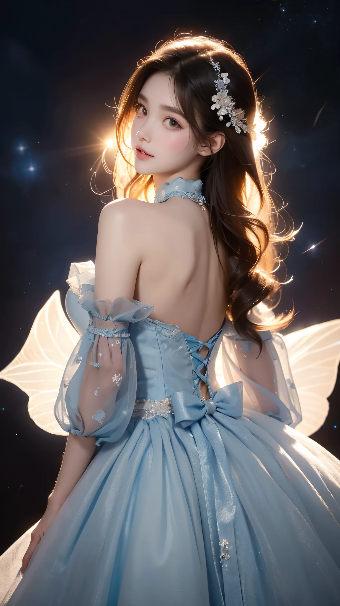 blue dress,blue sleeves,dress bow,layered dress,choker,butterfly wings,hair flower,long dress, (Asian beauty, full body photo: 1.2), (night, starry sky, space scene), (slim athletic figure: 1.1), (visible cleavage: 0.8), (smooth skin, no deformities: 1.2), relaxed posture: (right back support: 1.1), torso slightly back, head tilted, charming smile, hands gently lifted hemline, long shaggy hair flowing, delicate features: (large bright eyes, long eyelashes: 1.1), mouth slightly upturned, expression gentle and confident, (fidelity: 1.1) 1.2), high detail, soft lighting, warm tones