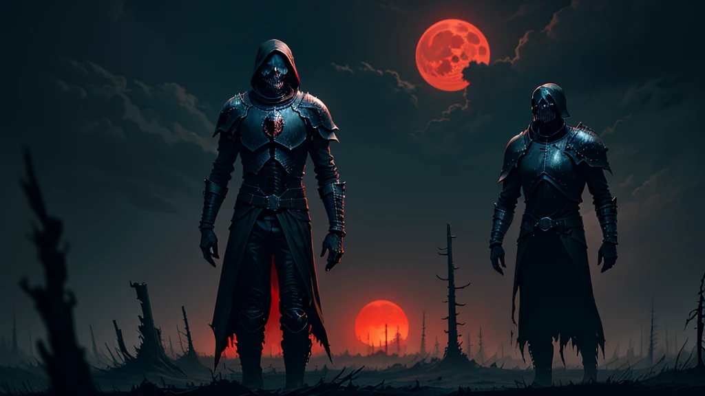 a Death Knight , dark and eerie Evening landscape,  A disturbing and threatening atmosphere, dead trees, cracked earth,  Bright red moon , Ominous clouds, decaying ,  skeletal figures , horror, macabre, siniestro, ( masterpiece , top quality,  The best quality , Scenery, red theme, Evening)