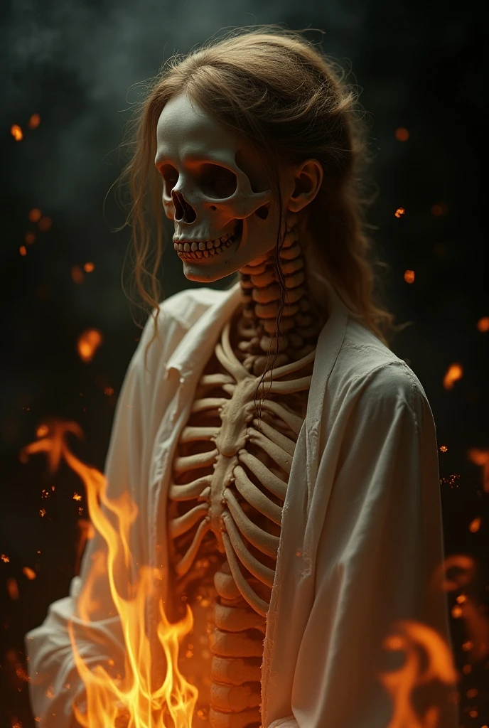 a half-skeleton, half-human girl on fire