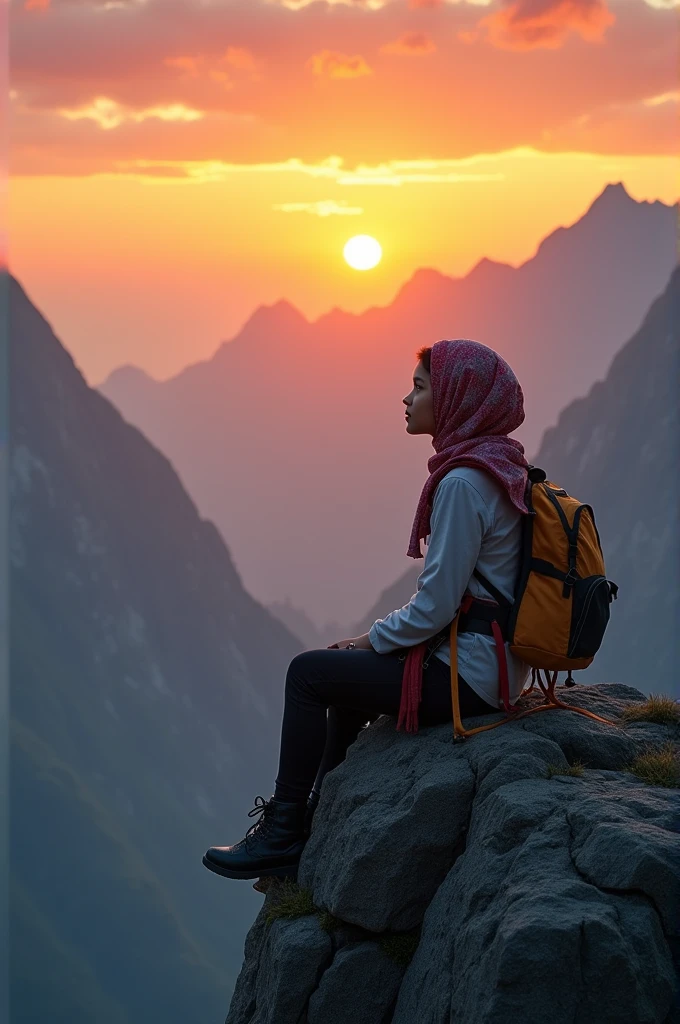 A stunning, high-resolution photo of a beautiful woman wearing a hijab, fully dressed in climbing attire with intricate equipment. She is sitting on the grass at a slight angle, enjoying the breathtaking panorama of the Dieng plateau. The early morning sun creates a serene atmosphere, with a hint of sunrise in the sky. The photo captures the essence of peace and tranquility, with sharp details and ornate elements. The scene is reminiscent of a 32K ultra-high-definition image, showcasing the beauty of wildlife and portrait photography., wildlife photography, photo, portrait photography