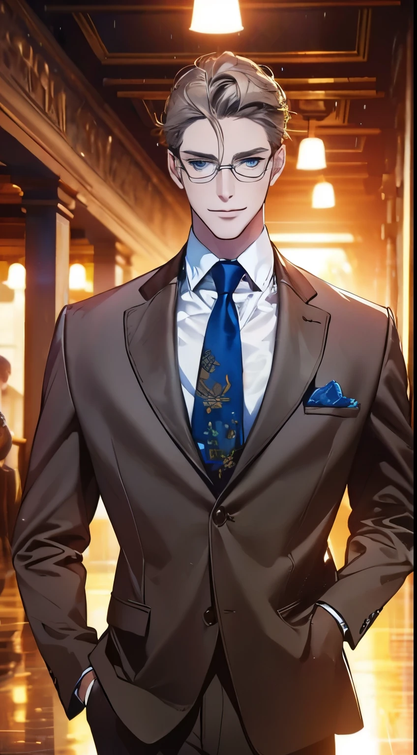 a mature man with short grey brown hair, blue eyes, 3, perfect face, smiling, CEO, cinematic lighting, 1:4 HDR, top view, ultra detailed, best quality, masterpiece, 8K, photorealistic, beautiful image, glasses