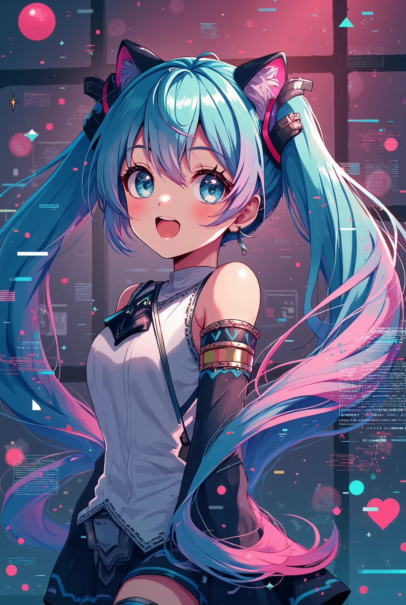 (masterpiece、Best Quality、Best Quality、Official Art、Beautiful and beautiful:1.2)、(One person:1.3) Hatsune Miku、 twin tails,Beautiful breasts, Anime style ,  cute girl ,(masterpiece, Best Quality,  best quality, Official Art,  wear a beautiful and artistic :1.2), One person女の子, cat ears, (Glitch Art), (Digital Distortion),  Pixelated Fragments, Data Corruption,[Coloured noise, Visual clutter, Modern Aesthetics 
