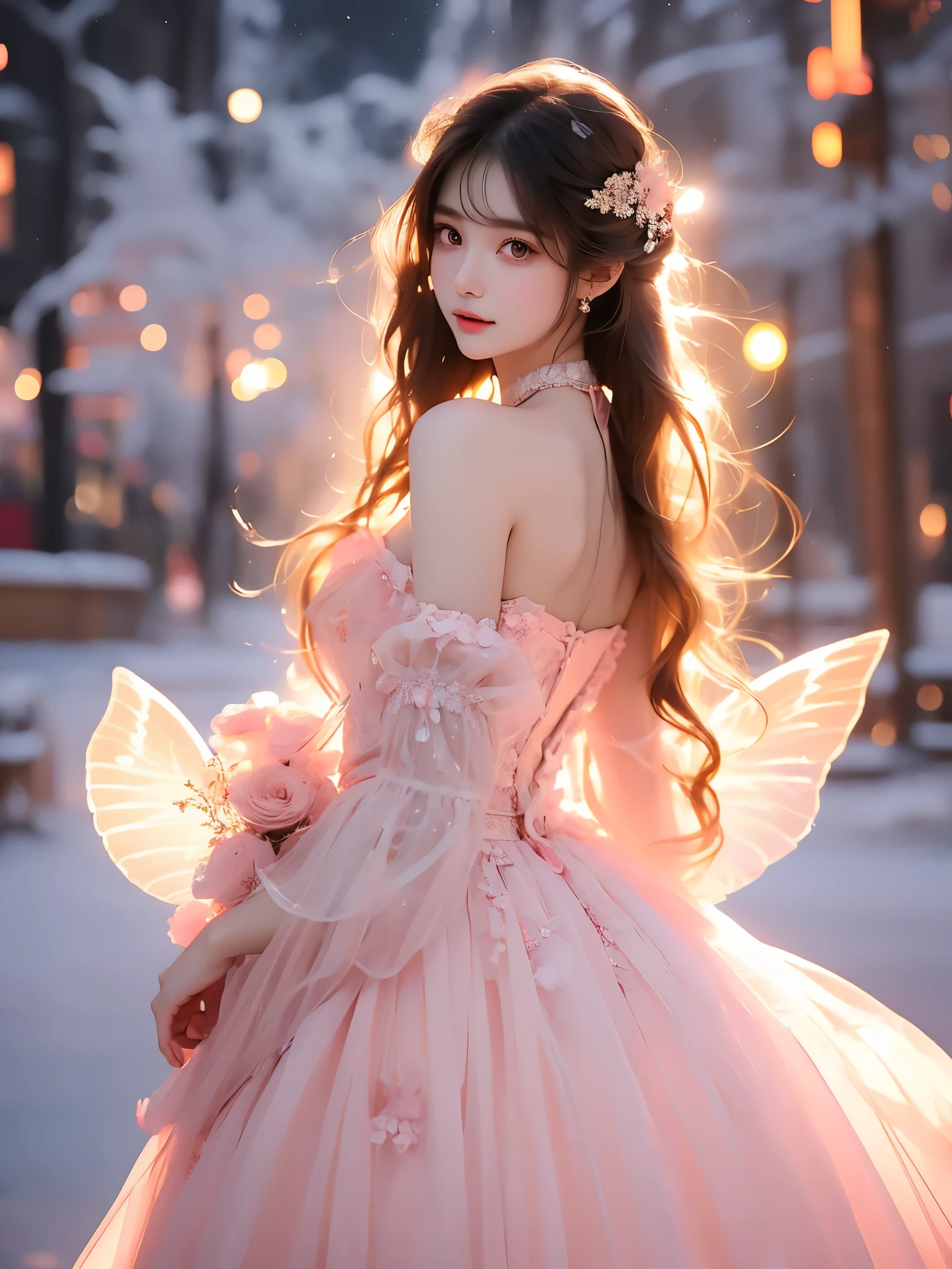 pink dress,pink sleeves,dress bow,layered dress,choker,butterfly wings,hair flower,long dress, (Asian beauty, full body photo: 1.2), (night, starry sky, space scene), (slim athletic figure: 1.1), (visible cleavage: 0.8), (smooth skin, no deformities: 1.2), relaxed posture: (right back support: 1.1), Sexy long legs, torso slightly back, head tilted, charming smile, hands gently lifted hemline, long shaggy hair flowing, delicate features: (large bright eyes, long eyelashes: 1.1), mouth slightly upturned, expression gentle and confident, (fidelity: 1.1) 1.2), high detail, soft lighting, warm tones