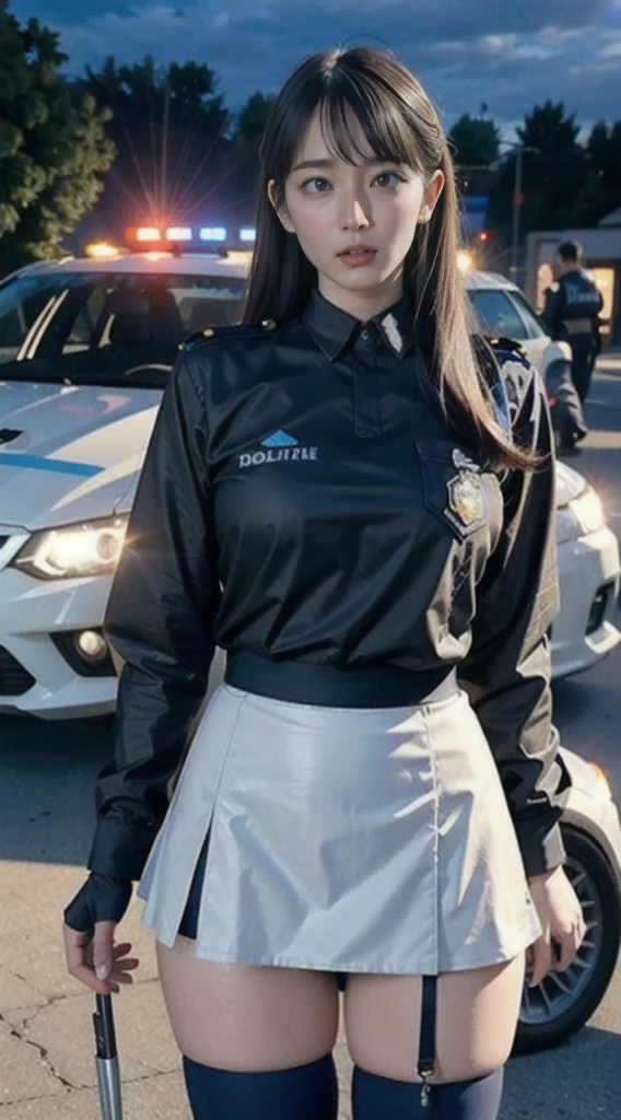 ((top quality, 8k, masterpiece: 1.3)), beauty, 1 girl, big: 1.3, (abs, slender figure: 1.1), dark brown hair, (wet from rain, wet body: 1.3), soaked, ultra-detailed face, detailed lips, detailed eyes, double eyelids, marathon uniform, detailed police car interior, in police car, sitting in the passenger seat of the car, handcuffs, embarrassed, blush, panties on thighs, embarrassed laughter, showing off marathon uniform, open obscenity, nsfw, fine foot line, five fingers, two legs