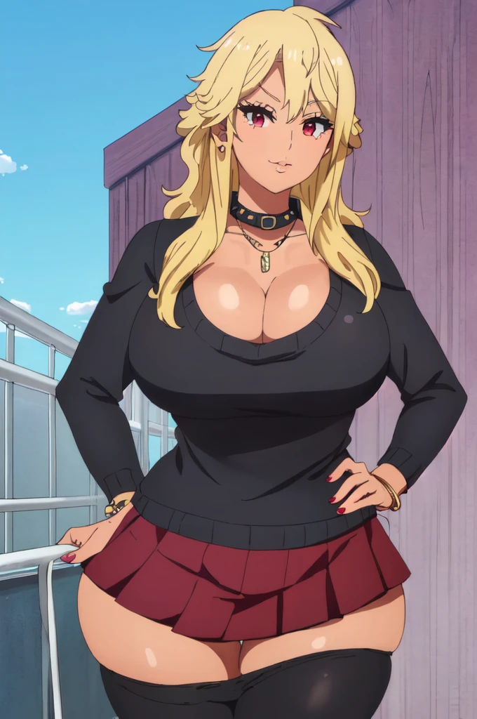 ((best quality)),((highly detailed)),masterpiece,absurdres,detailed face,beautiful face,(detailed eyes, deep eyes),1girl,  Tomo, ((red eyes)), black short skirt , sky, day, cloud, pleated skirt, leopard print panty, School rooftop, looking at viewer, open clothes, standing, loose uniform showing cleavage, Gyaru, Big breast, ((full tanned skin)), Glossy lips, a lot of earpiercing, Necklace with heart shape,Bracelet, Half eyes expression, Smirk, feminim,((1girl)),((Solo)),Spouty mouth,Thick lips,colored Long nail,Stylish thick wavy hair,Celeb wavy hair,Tight tights,H cup,Gyaru rings,((Big bouncy breast)),Curvy figure,Half eyes open expression,((((school uniform with long sleeve sweater )))),unbuttoned school uniform,cleavage,Solo,Heart shape emote,Detailed hand,Thick lips,half eyes,Humongous Breast,Dangerous cleavage,Stand out cleavage,Eyelash,((yellow blond colored hair)),Colorless lips,Enchanched breast,Show off cleavage,Body facing front,Gaze on viewer,Stud earring,Needy girlfriend,Needy bitch behaviour,Chocker,Smug face,((White collar)),Detailed hand,Crossing hand,Swaying hips,((Wavy hair))