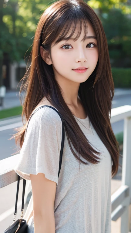 Produce the highest quality and highest resolution 8K images。The model is a 20-year-old Japanese woman.。The image depicts a person smiling at the camera and taking a commemorative photo at a tourist spot.。Draw the upper body of the model。She has brown eyes and a model figure.、She has an idol-level cute face.。Her hair is bob。Skin has a healthy color。Clothes、I&#39;m wearing early summer clothes.。