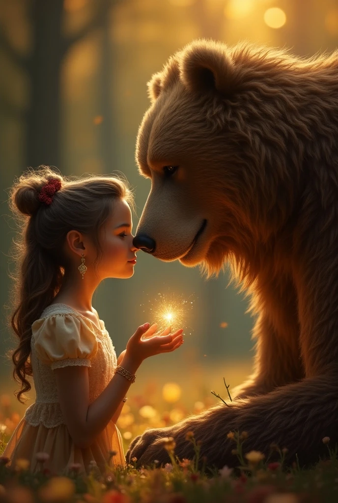 Pale sunlight filtering through the trees、real、photo、animal、bear、Higuma、bearと女性、Bring your face closer、animalとの友情、野生のbear,Growing up in the forest,Cute woman,Flower Field