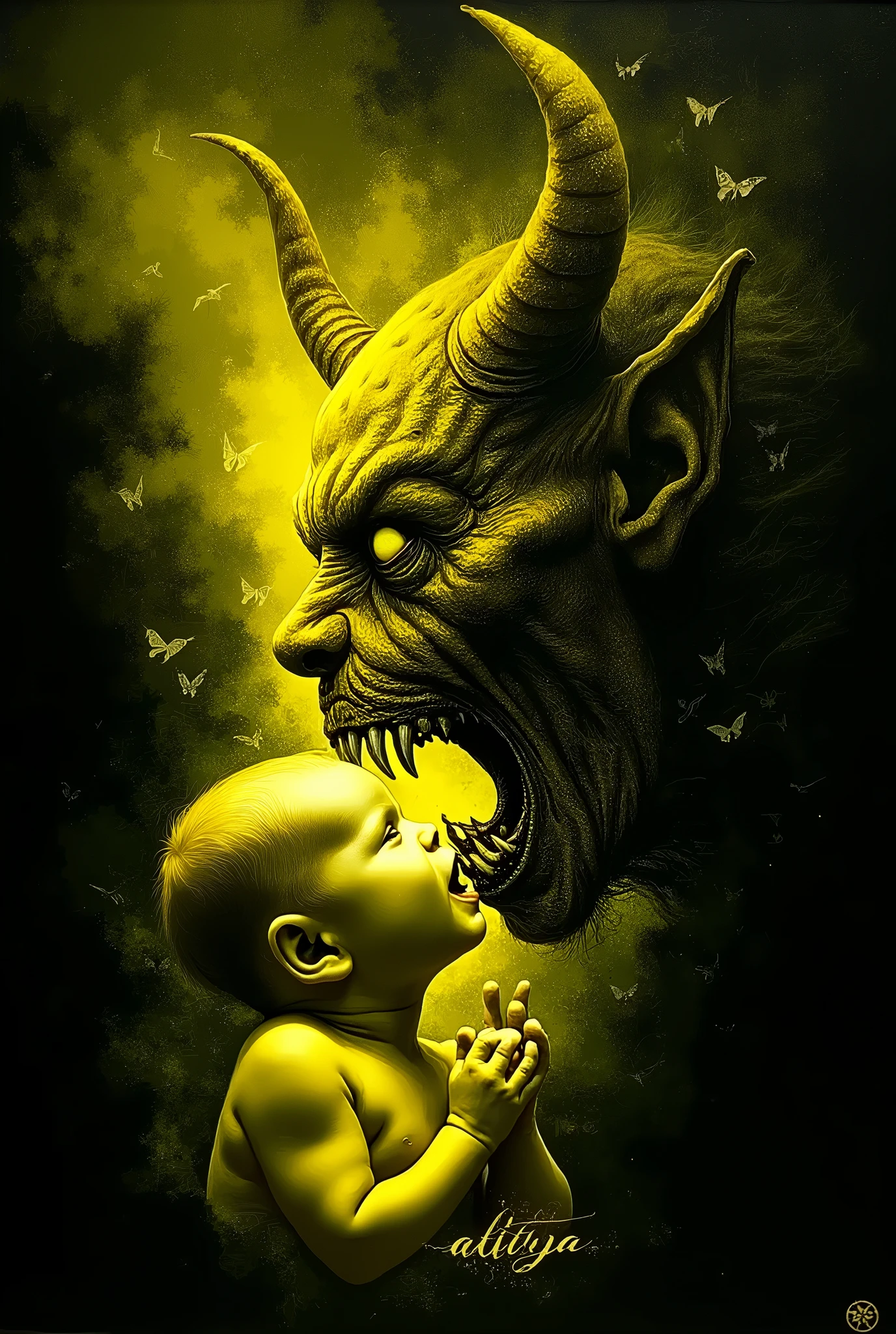 "A menacing, devilish figure with a terrifying, grotesque face and sharp, curved horns stands upright. Its skin is dark and rugged, with patches of crimson blood smeared across its muscular, well-defined body. The devil's eyes glow with a sinister light, and its elongated, sharp claws are partially visible, adding to its fearsome appearance. Despite its horrific visage and the blood-soaked body, it is holding a tiny, innocent baby in its hands with surprising care. The baby’s delicate, clean, white skin contrasts sharply with the devil’s bloodstained hands. The baby’s small, unblemished fingers are outstretched, and its tiny nails are pristine. The scene highlights the stark juxtaposition between the devil’s menacing presence and the baby's pure, untouched innocence."