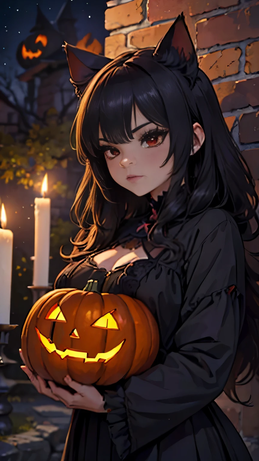 (Excellent detail,  good quality , 4k, HD)1 girl junkotvv, con el cabello negro and largo con flequillo and (Cat ears) and (red eyes),( high resolution, masterpiece :1.2),Numerous pumpkin lanterns,Flying bats,Adorable skeletons, ((Halloween pumpkin)), (the theme of halloween), (candles), (brick wall), (Dark theme),(particles), (autumn)