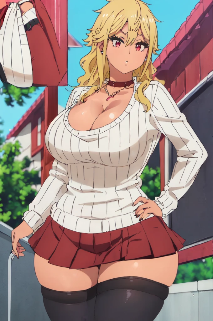 ((best quality)),((highly detailed)),masterpiece,absurdres,detailed face,beautiful face,(detailed eyes, deep eyes),1girl,  Tomo, ((red eyes)), black short skirt , sky, day, cloud, pleated skirt, leopard print panty, School rooftop, looking at viewer, open clothes, standing, loose uniform showing cleavage, Gyaru, Big breast, ((full tanned skin)), Glossy lips, a lot of earpiercing, Necklace with heart shape,Bracelet, Half eyes expression, Smirk, feminim,((1girl)),((Solo)),Spouty mouth,Thick lips,colored Long nail,Stylish thick wavy hair,Celeb wavy hair,Tight tights,H cup,Gyaru rings,((Big bouncy breast)),Curvy figure,Half eyes open expression,((((school uniform with long sleeve sweater )))),unbuttoned school uniform,cleavage,Solo,Heart shape emote,Detailed hand,Thick lips,half eyes,Humongous Breast,Dangerous cleavage,Stand out cleavage,Eyelash,((yellow blond colored hair)),Colorless lips,Enchanched breast,Show off cleavage,Body facing front,Gaze on viewer,Stud earring,Needy girlfriend,Needy bitch behaviour,Chocker,((White collar)),Detailed hand,Crossing hand,Swaying hips,((Wavy hair))