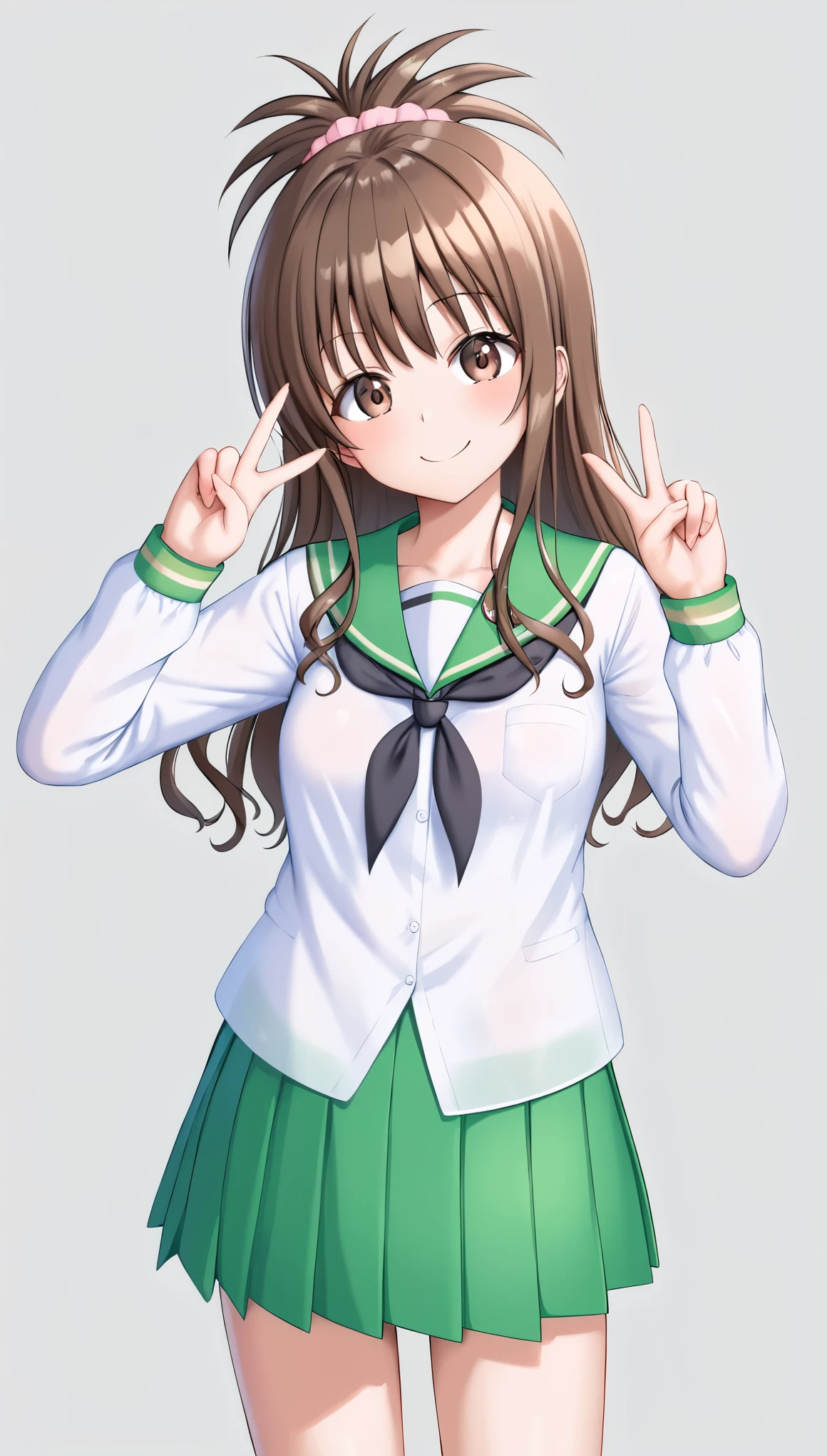  mikan yuuki, (brown eyes:1.5), brown hair, hair ornament, hair scrunchie, long hair, pink scrunchie, scrunchie,  ooarai school uniform, black neckerchief, white shirt, long sleeves, green skirt, miniskirt ,girl,View here, small breasts,double peace,smile,Goro to MotoGP ,standing