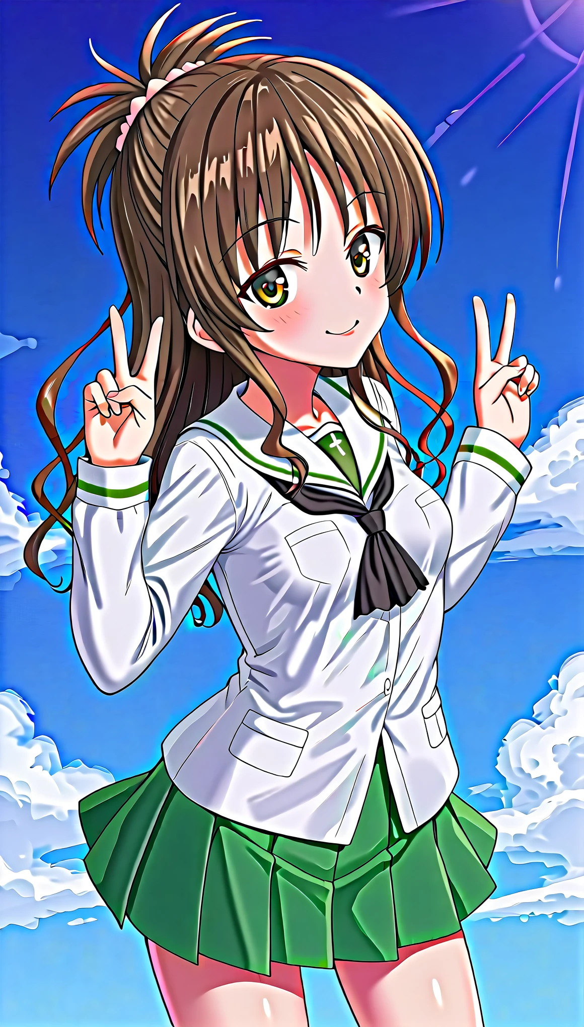 mikan yuuki, (brown eyes:1.5), brown hair, hair ornament, hair scrunchie, long hair, pink scrunchie, scrunchie, ooarai school uniform, black neckerchief, white shirt, long sleeves, green skirt, miniskirt ,girl,こちらを見る, small breasts,double peace,smile,standing,PANZER