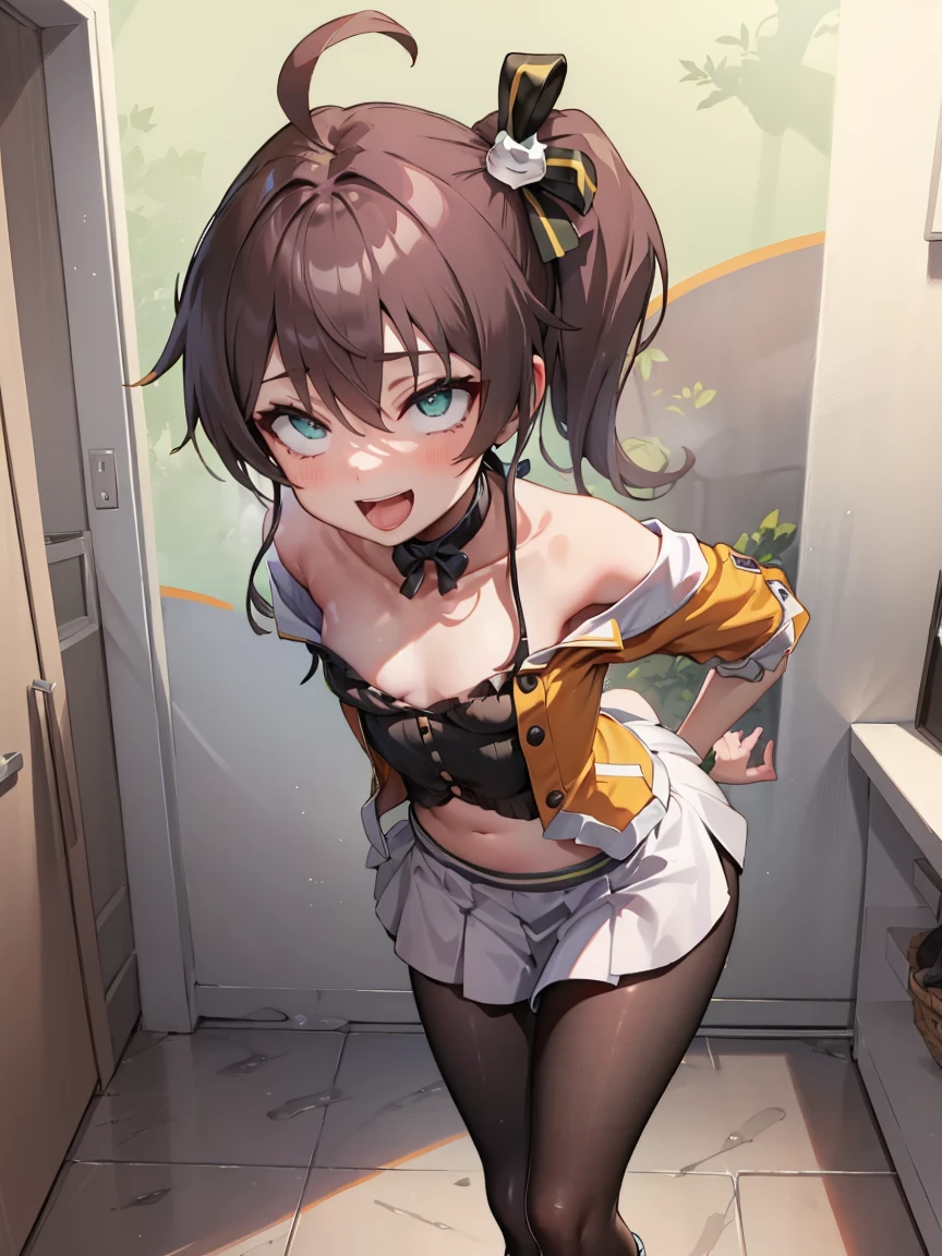 Portrait, official art, best masterpiece, best quality, best resolution, 8K, best detailed, perfect anatomy, Dutch Angle, looking at viewe
BREAK
cowboy shot, Walking, head tilt, arms behind back, leaning forward
BREAK
aamatsuri,medium hair,side ponytail,ahoge,hair between eyes,bangs,cat hair ornament,black ribbon,neck ribbon,green ribbon,cropped jacket,(orange jacket:1.2),off-shoulder jacket,(short sleeves:1.2),halterneck,(camisole:1.2),black camisole,pinstripe pattern,navel,skirt,white skirt,side slit,(pantyhose:1.2),(black pantyhose:1.2),boots,white footwear, (small breasts, _like build, short stature:1.4), 1small girl, little_girl
BREAK
smile, open your mouth
BREAK
Soft lighting, indirect lighting, absurd, (Department Stores), very fine and detailed 16KCG wallpapers