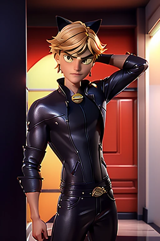 (Highly detailed CG), ( best quality), (Highly detailed CG), ( best quality), (Cat Noir), (Overall view) Xihua Street, A beautiful and attractive young man with a red leather jacket ,Beautiful and attractive young man, Lean Muscle,  with a cool and handsome face, 