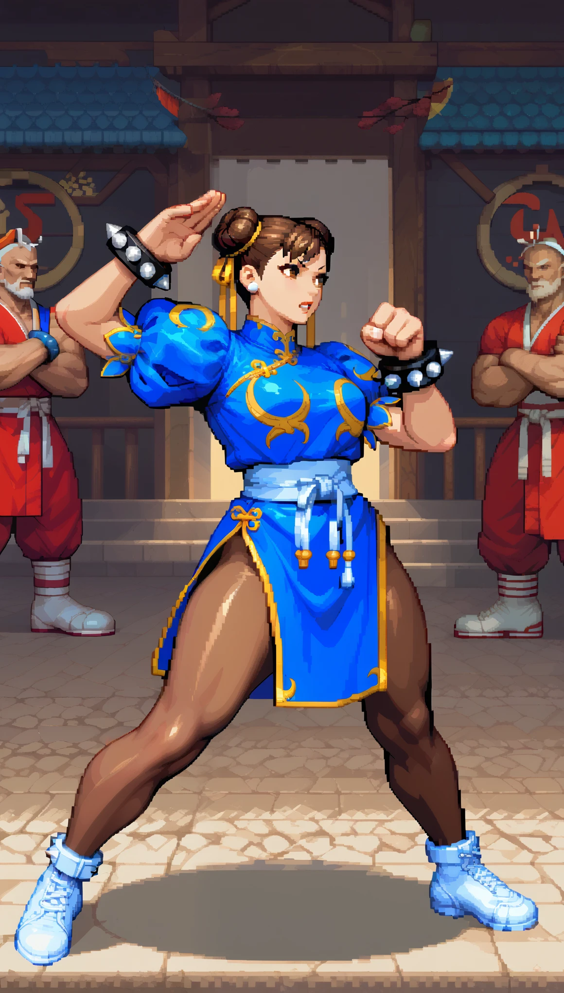  score_9,  score_8_up,  score_7_up, 1 Female, Chun-Li,  street_Fighter, Brown Hair,  two chignons , (( blue china dress martial arts suit:1.2,  puff sleeves:1.1, Brown pantyhose, Barbed Bangles , White Shoes)),  Staring at Viewers , (( fighting pose , Random Action)),  cowboy shot, ( pixel art,  game design , rough pixel art ).