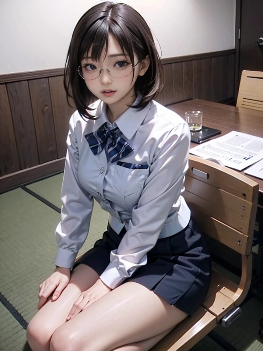 ((Do not generate NSFW images)),(((Image generation from thighs to head))),(Sit on a chair and open your legs to show the panties you're wearing.),
(best quality,8k,high resolution,masterpiece), (ultra-detailed,realistic),(Especially the depiction of the eyes is detailed and accurate.), (1woman), (looking at viewer), (she has short hair style), (she wears glasses), (she is wearing a light blue shirt), (she is wearing a navy blue miniskirt), (A short hairstyle that gives off a neat and tidy impression), (Wellington-shaped glasses with black cell frames), (A lady of pure essence, adorned with innocence and a pristine aura, yet fortified with an unwavering inner strength, exudes a gentle grace.), (A Japanese woman, 30 years old and 155cm tall.), (In impeccable attire, a woman adorned in a sky-blue shirt gazes upon me with gentle eyes, her presence a soothing balm to the soul.),