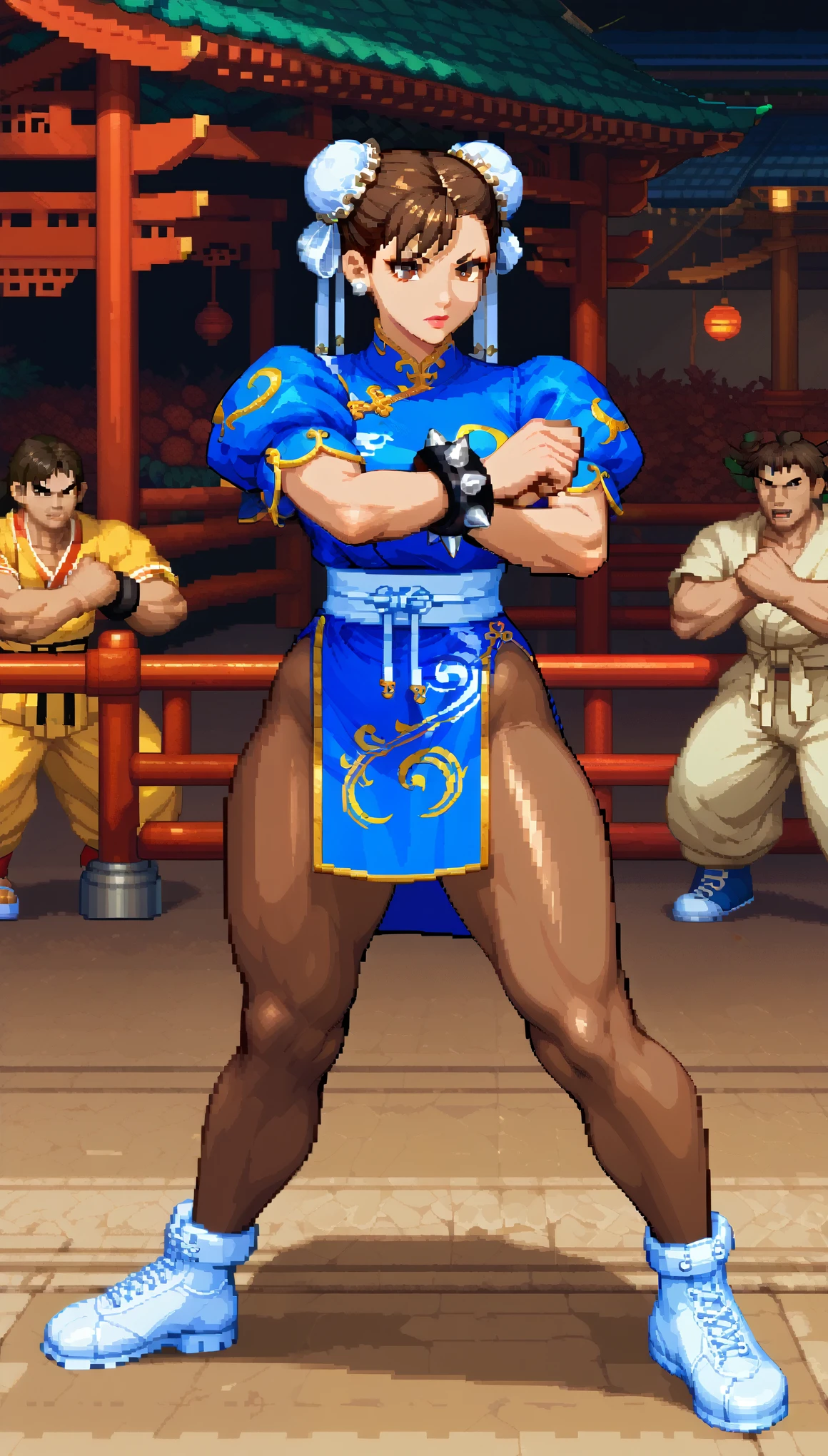  score_9,  score_8_up,  score_7_up, 1 Female, Chun-Li,  street_Fighter, Brown Hair,  two chignons , Bun cover, (( blue china dress martial arts suit:1.2,  puff sleeves:1.1, Brown pantyhose, Barbed Bangles , White Shoes)),  Staring at Viewers , (( fighting pose , Random Action)), フェイスクローズup:1.4, ( pixel art,  game design , rough pixel art ).