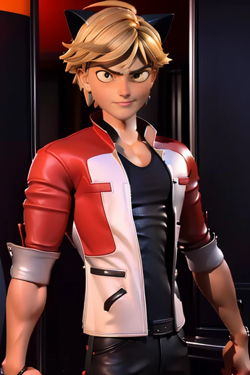 (Highly detailed CG), ( best quality), (Highly detailed CG), ( best quality), (Cat Noir), (Overall view) Xihua Street, A beautiful and attractive young man with a red leather jacket ,Beautiful and attractive young man, Lean Muscle,  with a cool and handsome face, Semen sticks to face, regrettable