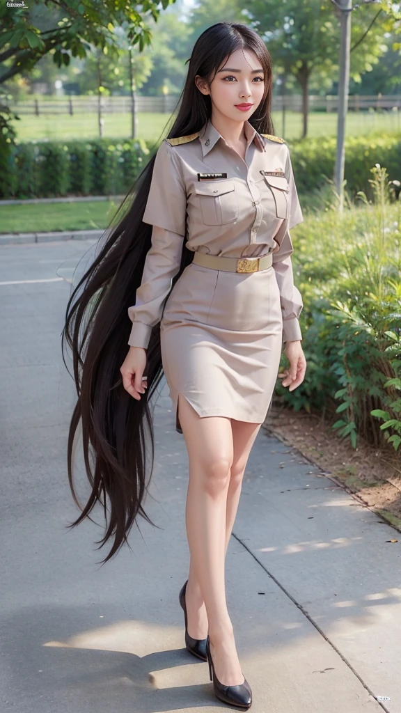 ((Full body image:1.5)), Khaki suit, Khaki civil servant, Thai teacher uniform:1.3, Two meters long hair, Long hair that catches the eye, Long black hair, Her hair is very long., Long, shiny hair, Long, thick, soft hair, Dynamic Post,  short-sleeved shirtสีกากี, Short pencil skirtสีกากี, Side slit,  decorated with a military insignia,  black high heels , The sexiest, Small waist, Hip lift, Small thighs, Long legs, ( Big Bust:1.5, Big breasts, Very big breasts, Eye-catching chest, A massive rift), Tight chest ,  pointed breast, สาวTwo meters long hair, Beautiful face,  red lips, Very shadowy, แต่งBeautiful face,  military insignia , Short pencil skirt, Tighten, Mini skirtพิเศษ, Mini skirtมาก, Mini skirt,  short-sleeved shirt, Tight, In the background, Blurry Garden., Holding a textbook, Big breasts:1.3, เสริมBig breasts,  Perfect body ,  anatomically correct , Height 172 cm , , walk, stand, sit with grace , ((Reiterates that it is a short-sleeved shirt.)), Tighten the tummy