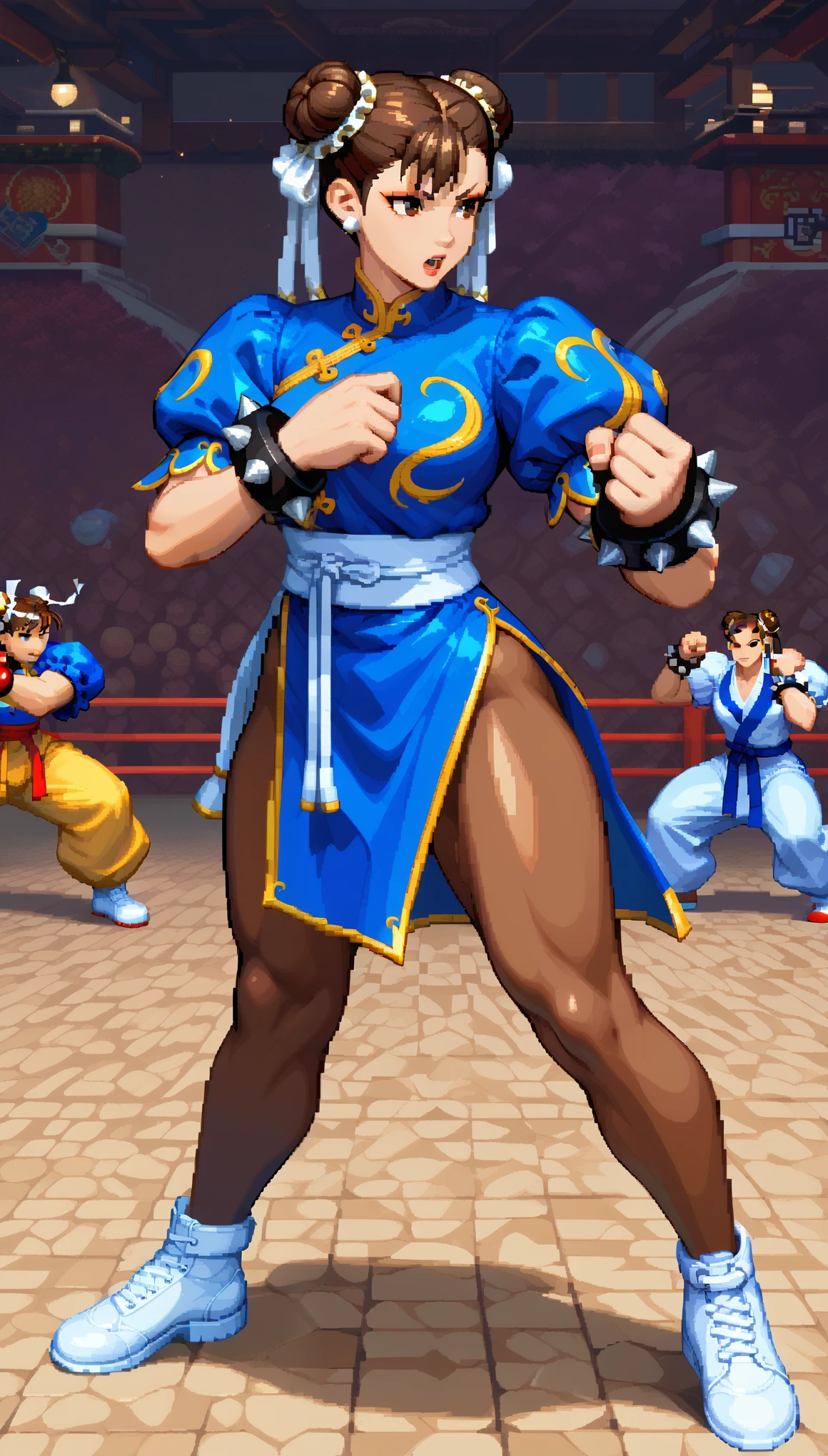  score_9,  score_8_up,  score_7_up, 1 Female, Chun-Li,  street_Fighter, Brown Hair,  two chignons , (( blue china dress martial arts suit:1.2,  puff sleeves:1.1, Brown pantyhose, Barbed Bangles , White Shoes)),  Staring at Viewers , (( fighting pose , Random Action)), フェイスクローズup:1.4, ( pixel art,  game design , rough pixel art ).