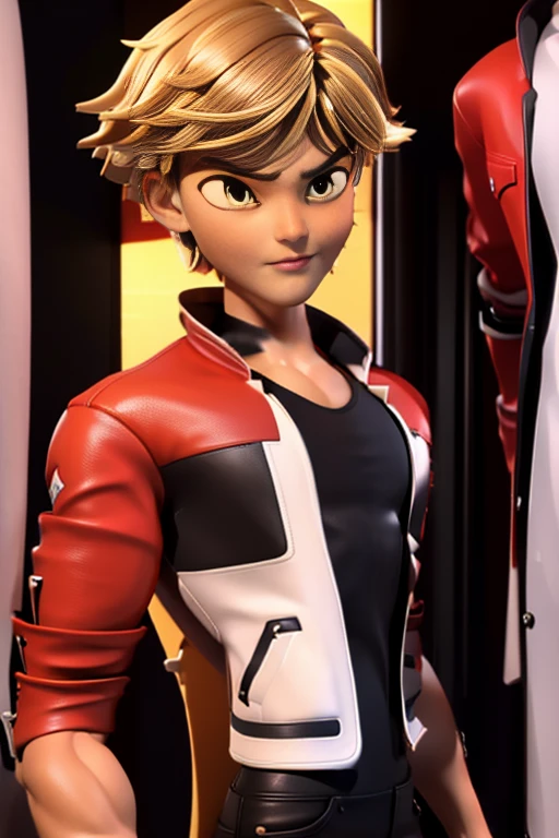 (Highly detailed CG), ( best quality), (Highly detailed CG), ( best quality), (Cat Noir), (Overall view) Xihua Street, A beautiful and attractive young man with a red leather jacket ,Beautiful and attractive young man, Lean Muscle,  with a cool and handsome face, Semen sticks to face, regrettable