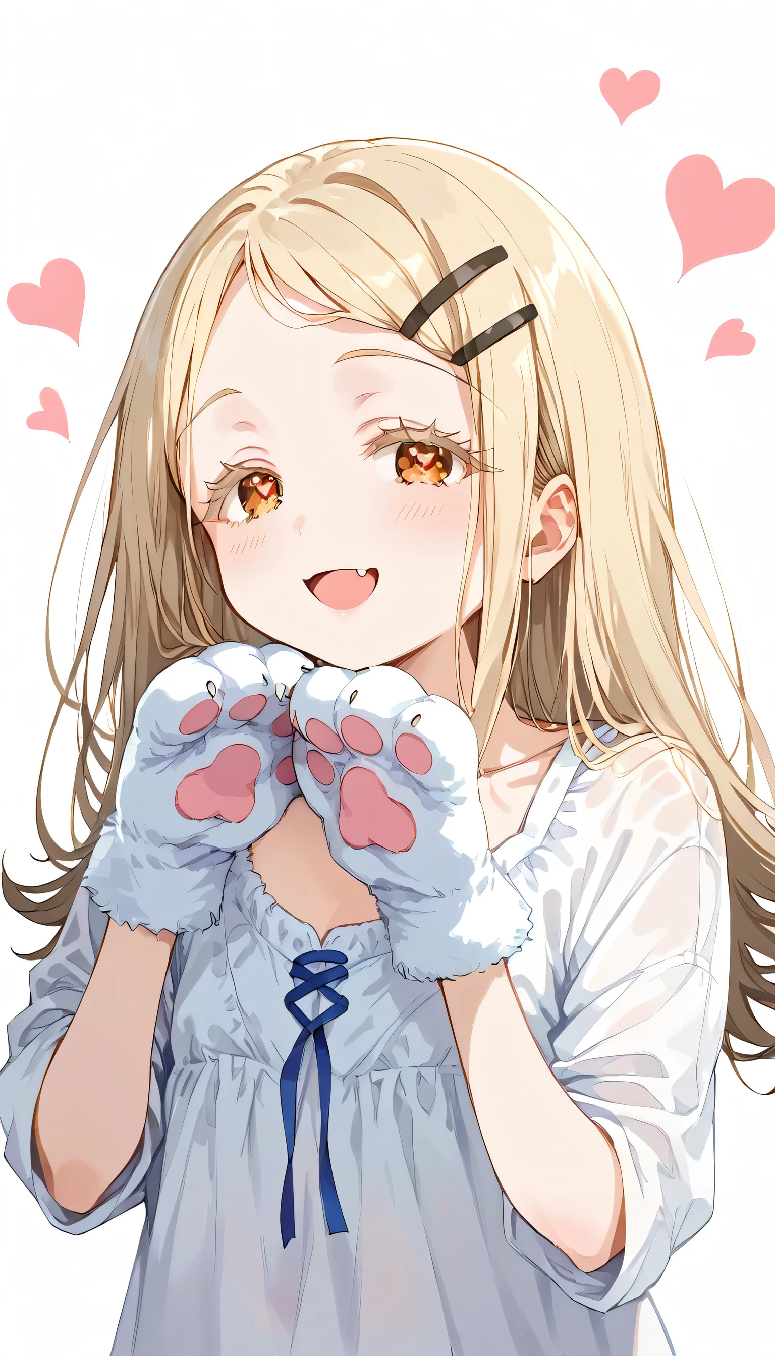 16k, score_9,  score_8_Excellent,  score_7_Excellent, sauce_Anime, evaluation_Security,sExcellenter detailed , Hiro Default,shinosawa hiro,thin,Orange eyes,White eyelashes,blonde,Long Hair,Hair Clip, (Heart Eyes),( individual hearts ),Voice of the Heart, excited , Open your mouth , Dutch angle, flat chest ,,Beautiful Face, beautiful eyes,detailed, White background  ,((Excellentから)), Cat paw gloves