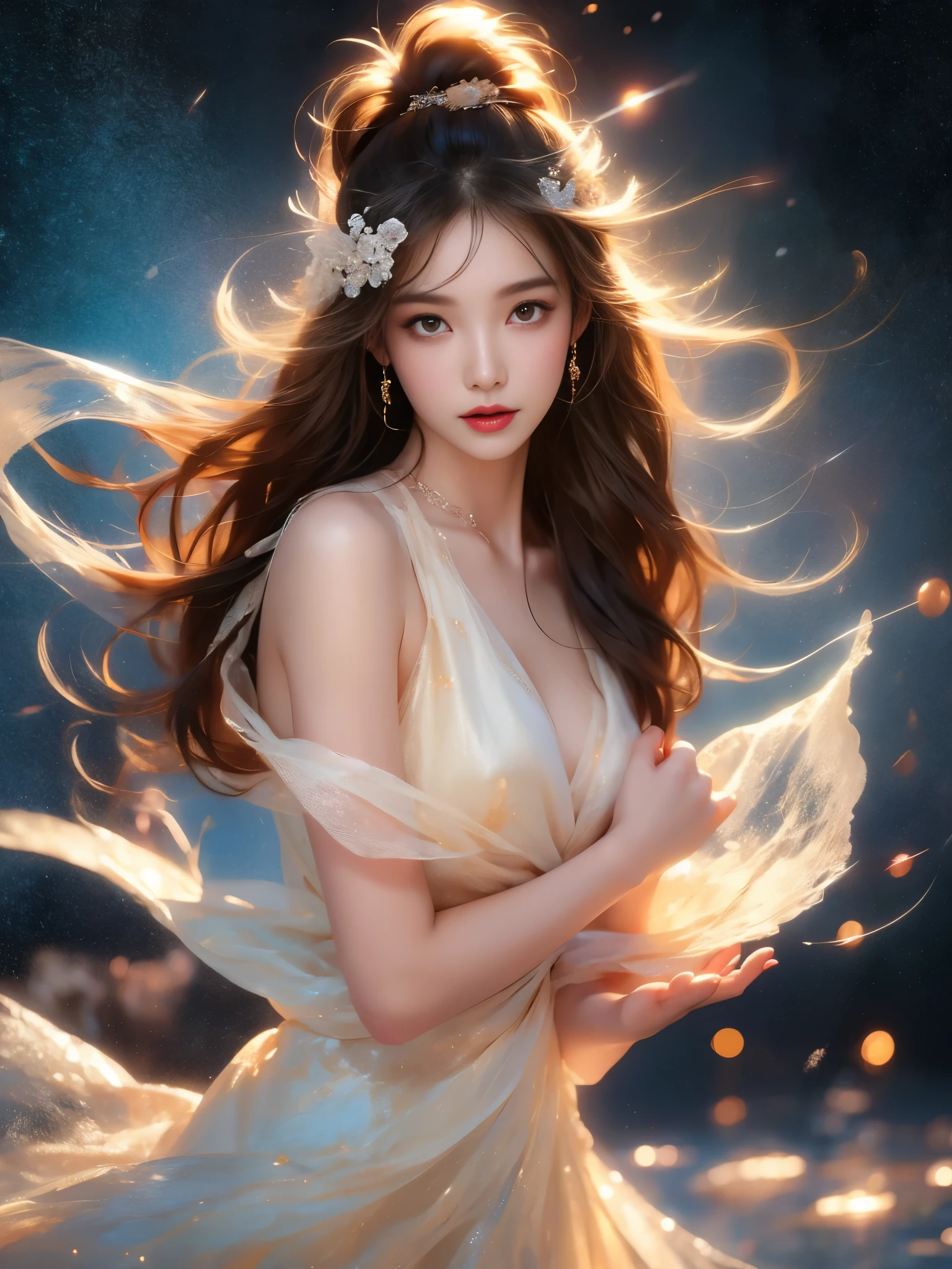 finest image, (8k, RAW photo, realistic), detailed and delicate depiction and flashy and dynamic painting method, beautiful cute woman, sparkling blue big eyes, long eyelashes, double eyelids, light brown flowing layered braided bangs hair, amorous expression, lewd expression, huge breasts, abs, slender, perfect proportion, red alluring moist big thick lips, large loose fluffy girly camisole dress, blurry background fantasy, falling petals, iridescent golden particles