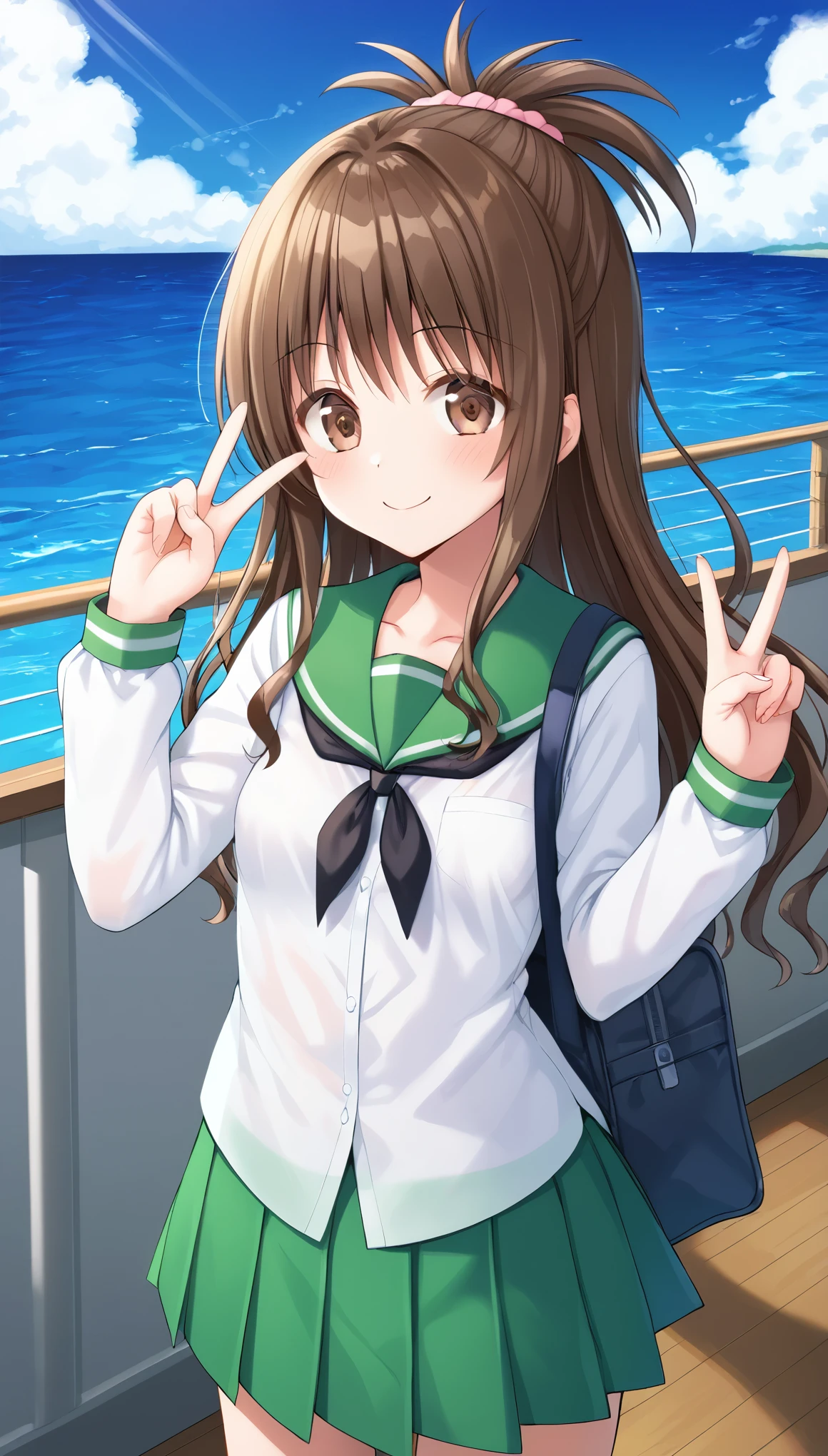 mikan yuuki, (brown eyes:1.5), brown hair, hair ornament, hair scrunchie, long hair, pink scrunchie, scrunchie, ooarai school uniform, black neckerchief, white shirt, long sleeves, green skirt, miniskirt ,girl,こちらを見る, small breasts,double peace,smile,standing,ship,海