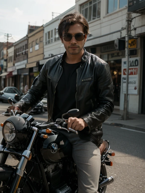 Handsome dark-haired man, wears Rayban Aviator Sunglasses, Riding a heavy BMW motorcycle, (eyes to camera, looking at viewer), (Medium shot)