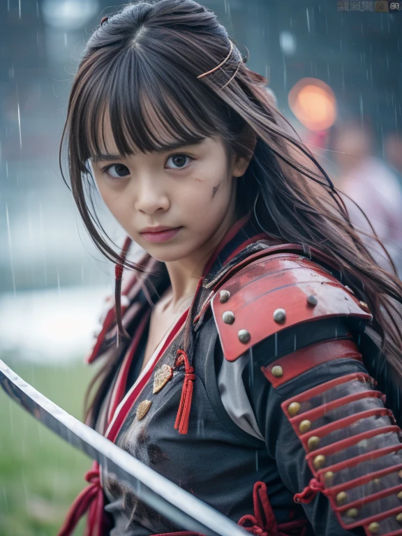 (Close up portrait of one slender small breasts red brown wavy long hair with dull bangs girl in a red colored dirty bloody armor warrior as samurai in Japan at raining:1.5)、(One girl hold Japanese traditional white blade sword on hand under the raining sky on the grassland in old Japan with crying dirty bloody face:1.5)、(Heavy raining dark sky:1.5)、(blurred background:1.5)、(Natural light:1.5)、(8k ultra detailed master piece:1.5)、(perfect anatomy:1.5)、(Photorealistic stick:1.5)、(Raw photo:1.3)、(highest quality:1.5)、(High resolution:1.3)、(Delicate and beautiful perfect face:1.3)、(Delicate and beautiful eye air skin:1.3)、(Real Human Skin:1.3)、((thin legs))