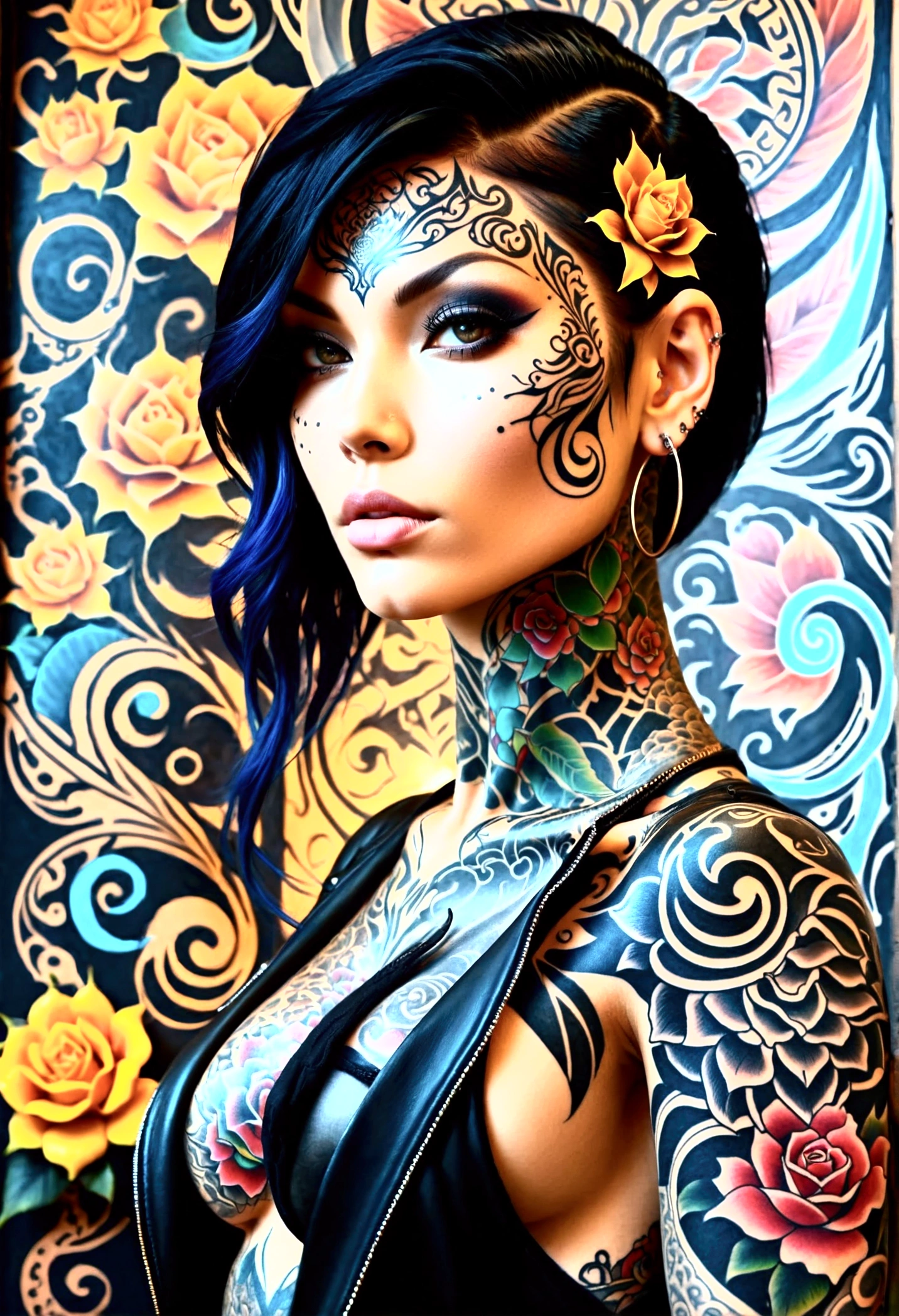 Tattooed Elegance: A woman with a body adorned in intricate, flowing tattoos that tell a story, the designs seamlessly blending with her natural beauty.
