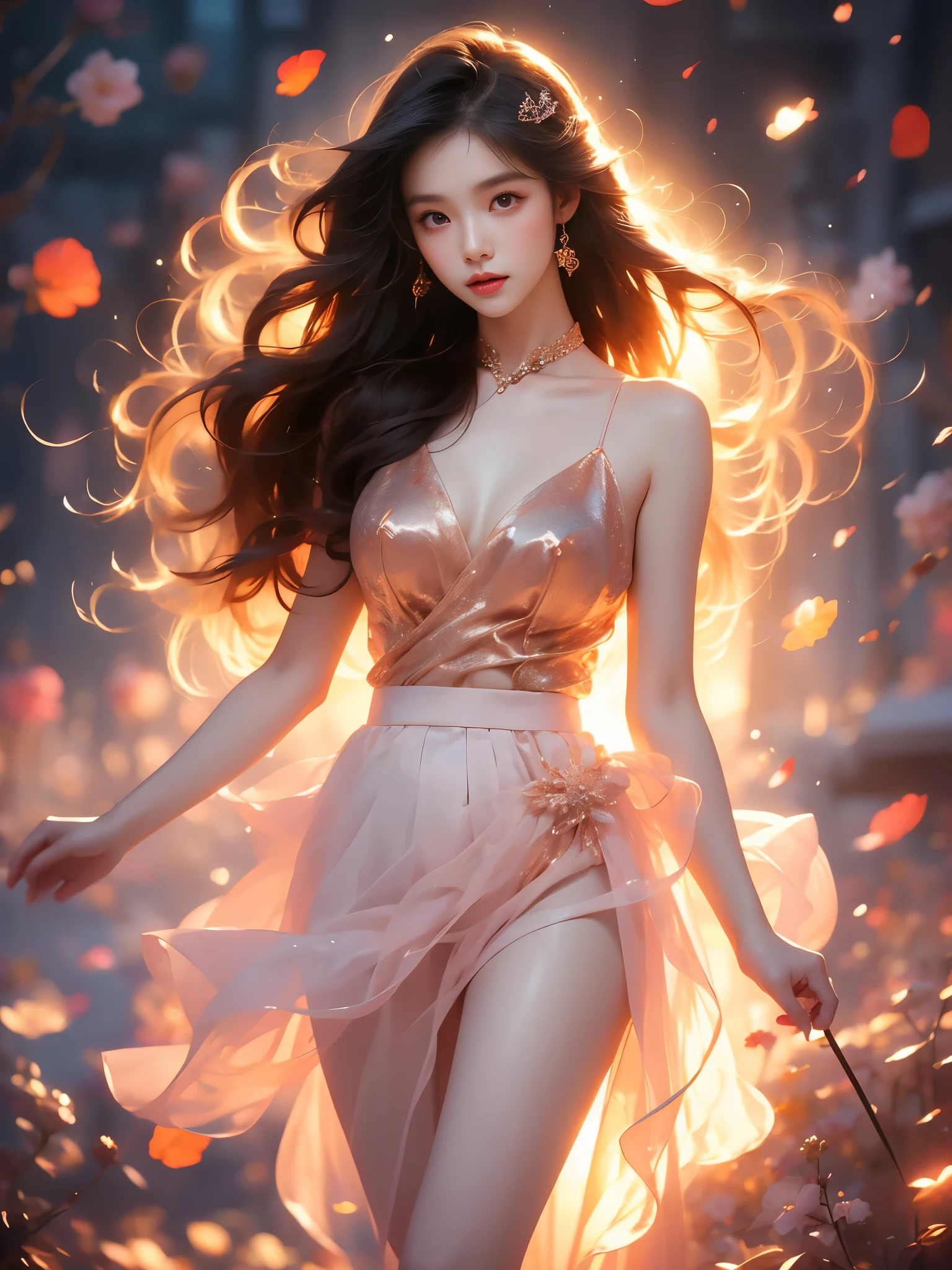 skirt, (Asian beauty, full body photo: 1.2), (night, starry sky, space scene), (slim athletic figure: 1.1), (visible cleavage: 0.8), (smooth skin, no deformities: 1.2), relaxed posture, Sexy long legs, head tilted, charming smile, hands gently lifted hemline, long shaggy hair flowing, delicate features: (large bright eyes, long eyelashes: 1.1), mouth slightly upturned, expression gentle and confident, (fidelity: 1.1) 1.2), high detail, soft lighting, warm tones