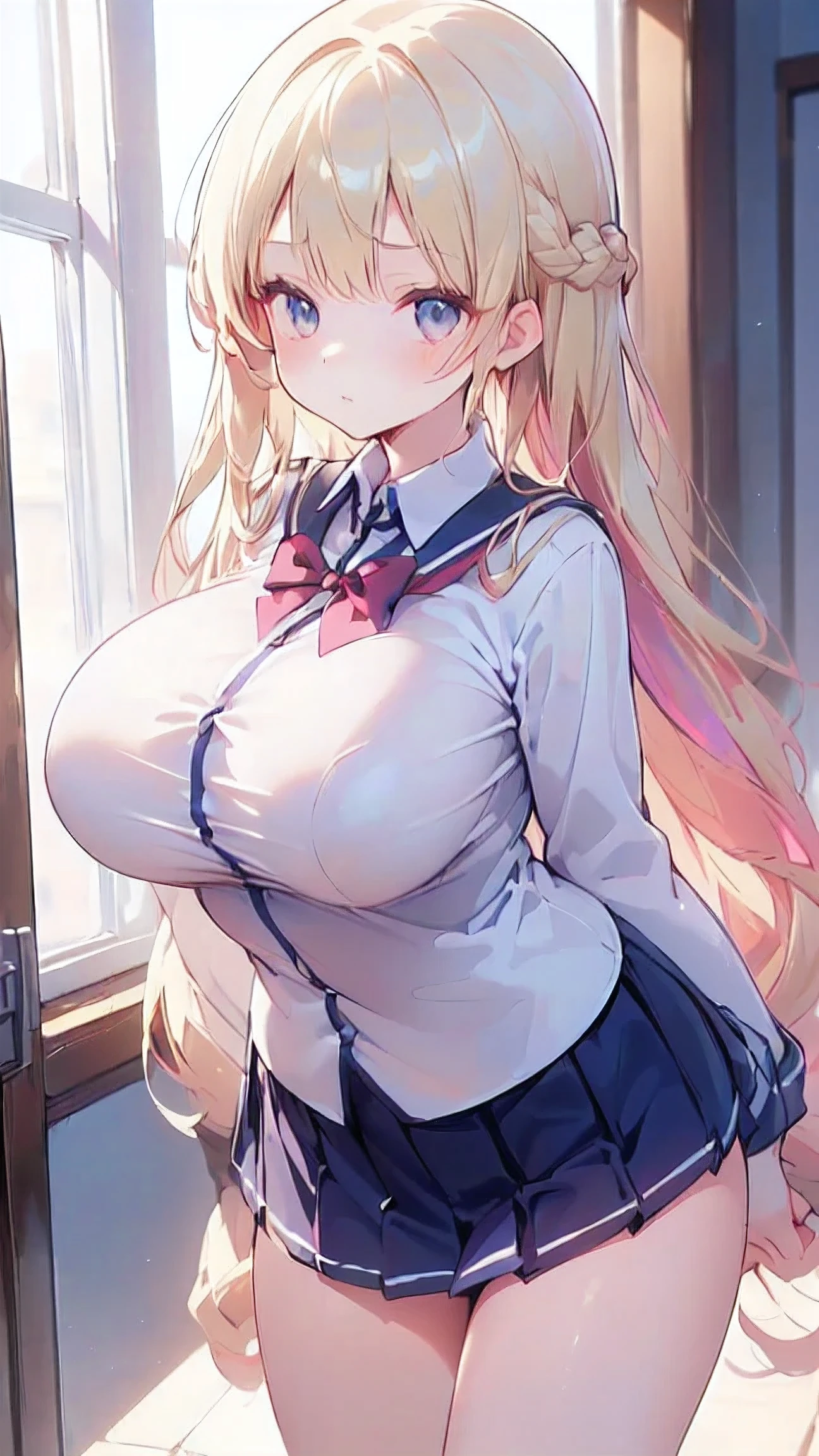  super high definition, 8k,high quality, slender,Cute hairstyle,,(iridescent light,soft shadow,Anime Painting,thin line drawing),(((Extra low length,Skinny body,Young face,,((It's because I'm young ),詳細な綺麗な形のsuper huge breasts:1.5,Student Uniform)))),