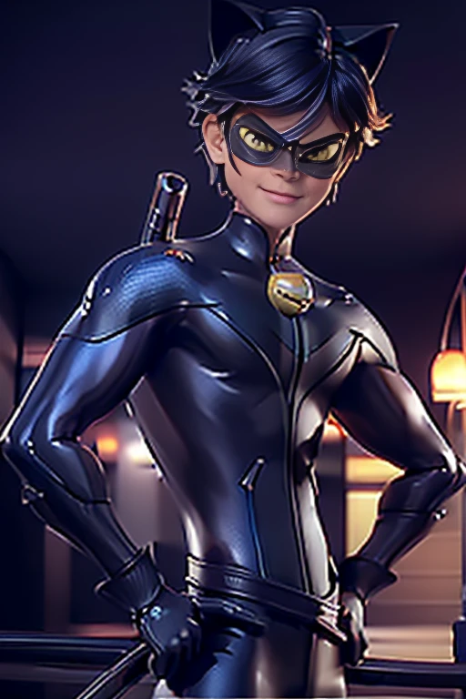 (Highly detailed CG), ( best quality), (Highly detailed CG), ( best quality), (Cat Noir), (Overall view) Xihua Street, Nightwing Outfit,Beautiful and attractive young man, Lean Muscle,  with a cool and handsome face, Sharp Eyes, 