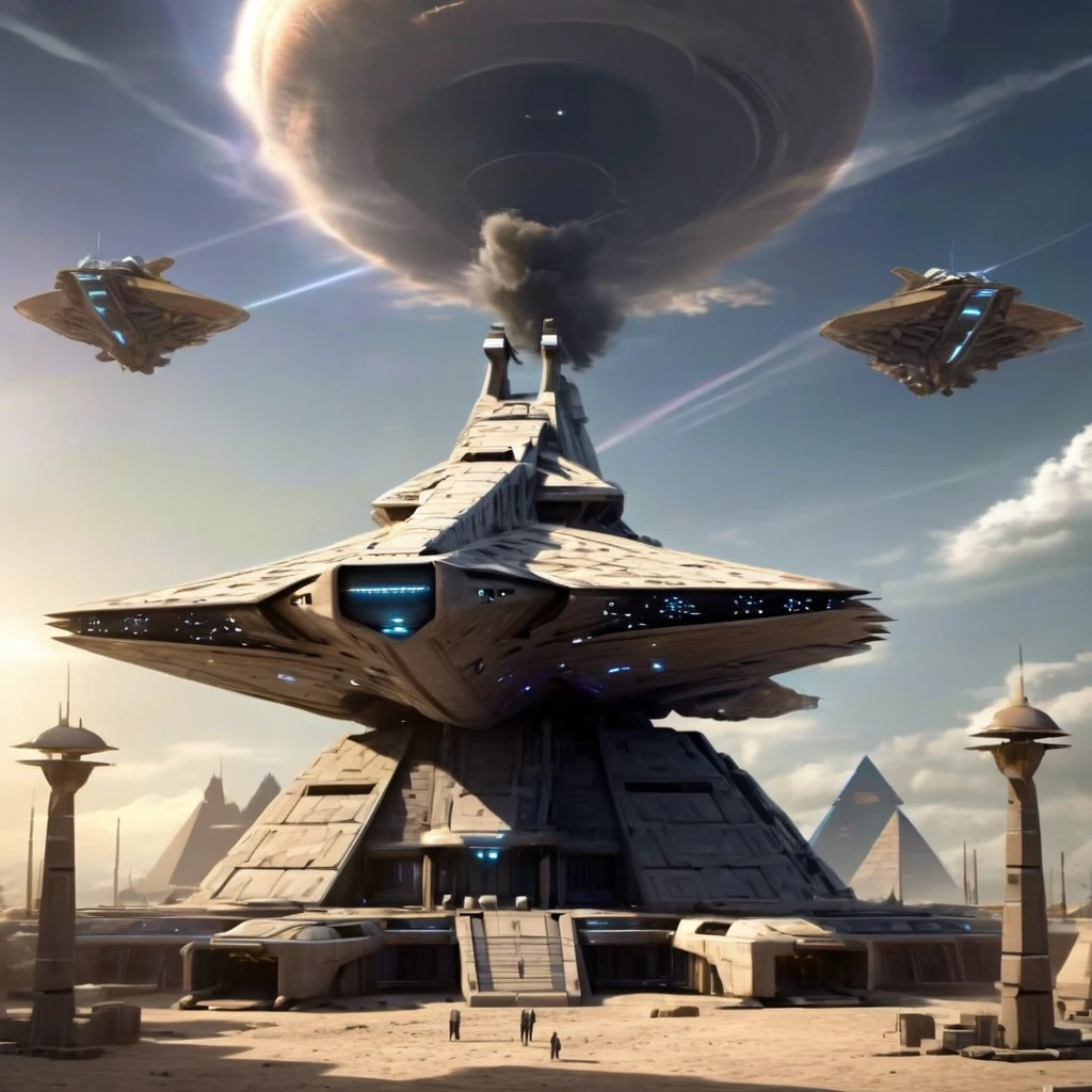 ((UFO extraterrestrial spaceship:1.3))(Huge ship, very large ship, mothership.)(()(alien ship type: independence day movie.)). ((UFO alien ship: "build a pyramid" use extraterrestrial technology in egypt)).(UFO uses futuristic technology to assemble pyramids)Cinematic Settings.((stack blocks))((unfinished pyramid: blocks scattered on the ground ))((エジプトのbuild a pyramid))((3500B.c.))((future meets ancient))8k. Realistic. Super detailed.  complicated details, masterpiece.