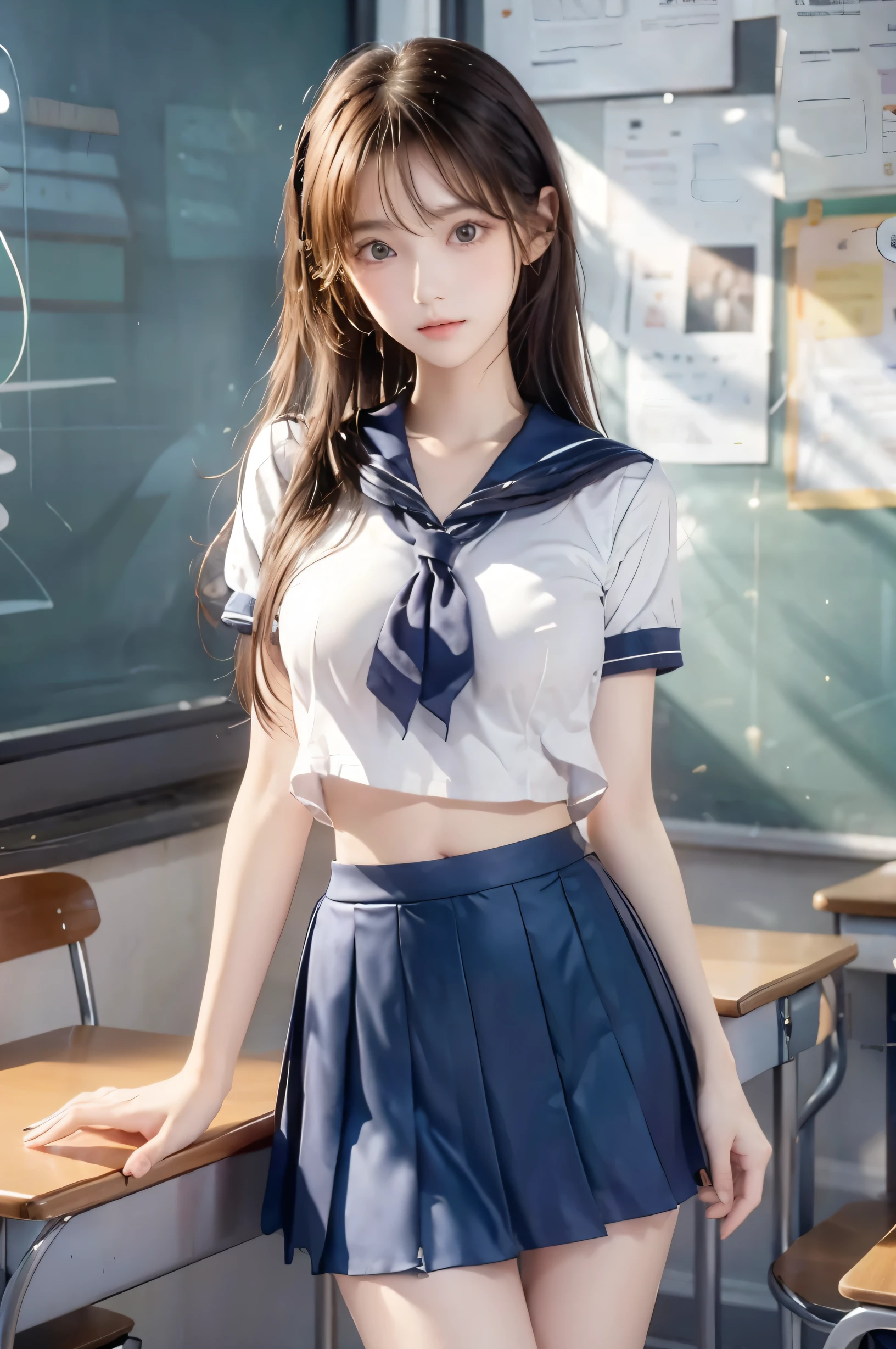 ( super high image quality ), ( looking over here), (Short-sleeved sailor uniform,  navy blue mini skirt), Big Breasts, Super beautiful breasts, Slender, (Thin legs:1.2), (Thin thighs:1.2), (Thin Hips:1.4), (Beautiful Skin,  shiny skin,  white skin), (Super slim face, Super beautiful face, No makeup, Smile:0.6), (Light Brown Hair,  semi-long, Layered Cut, Fluffy hair), (Big eyes:1.3, High corners of the eyes:1.6, double eyelid), (Thin eyebrows:0.1), (Small Nose:0.6), (Thin lips:0.6), Beautiful Hands, Empty-handed,  standing, School classroom