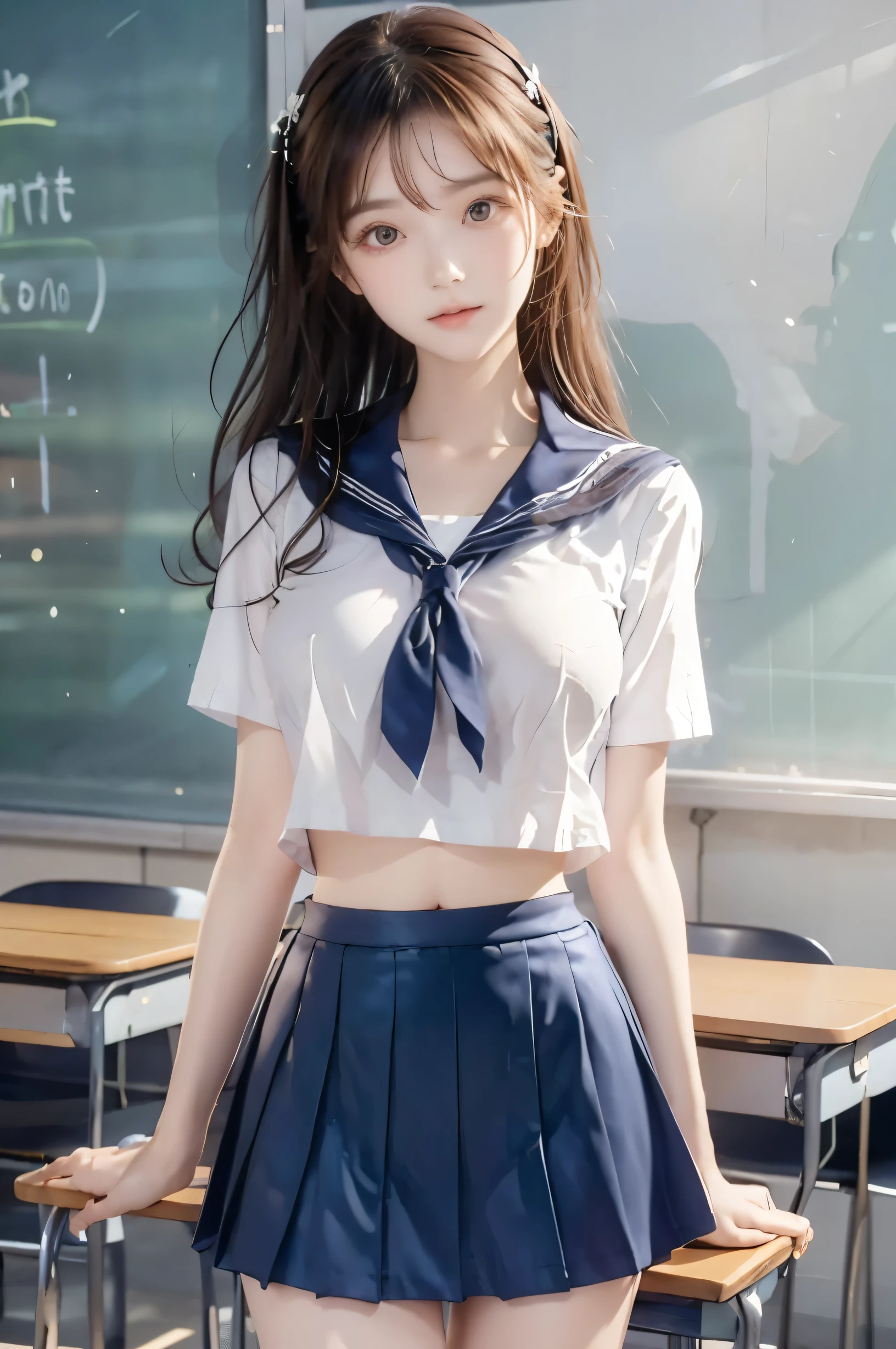 ( super high image quality ), ( looking over here), (Short-sleeved sailor uniform,  navy blue mini skirt), Big Breasts, Super beautiful breasts, Slender, (Thin legs:1.2), (Thin thighs:1.2), (Thin Hips:1.4), (Beautiful Skin,  shiny skin,  white skin), (Super slim face, Super beautiful face, No makeup, Smile:0.6), (Light Brown Hair,  semi-long, Layered Cut, Fluffy hair), (Big eyes:1.3, High corners of the eyes:1.6, double eyelid), (Thin eyebrows:0.1), (Small Nose:0.6), (Thin lips:0.6), Beautiful Hands, Empty-handed,  standing, School classroom