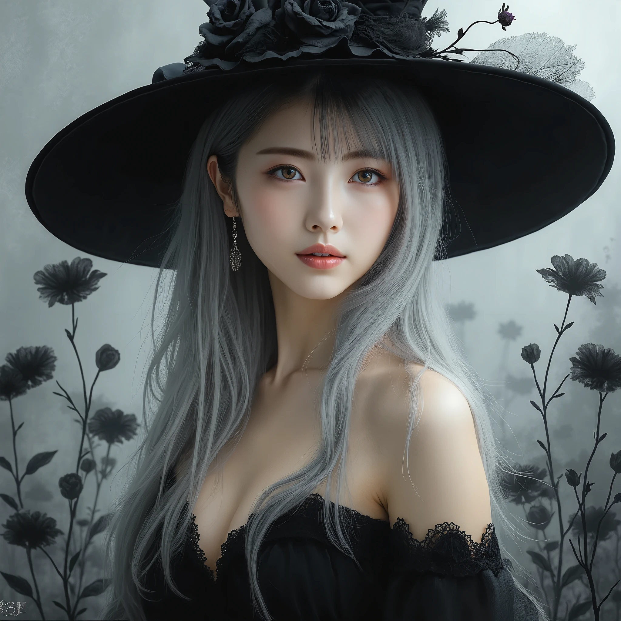 A photorealistic image of a young beautiful east-asian woman with long, flowing silver hair, wearing a large black witch's hat adorned with a dark rose. She is dressed in a black off-shoulder outfit with lace details, giving her an elegant and mysterious look. Surrounding her are dark flowers, adding to the ethereal and slightly gothic atmosphere. The lighting is soft, highlighting her pale complexion and silver hair, while the background fades into a delicate wash of abstract black and grey brushstrokes, enhancing the mystical and serene tone of the scene.