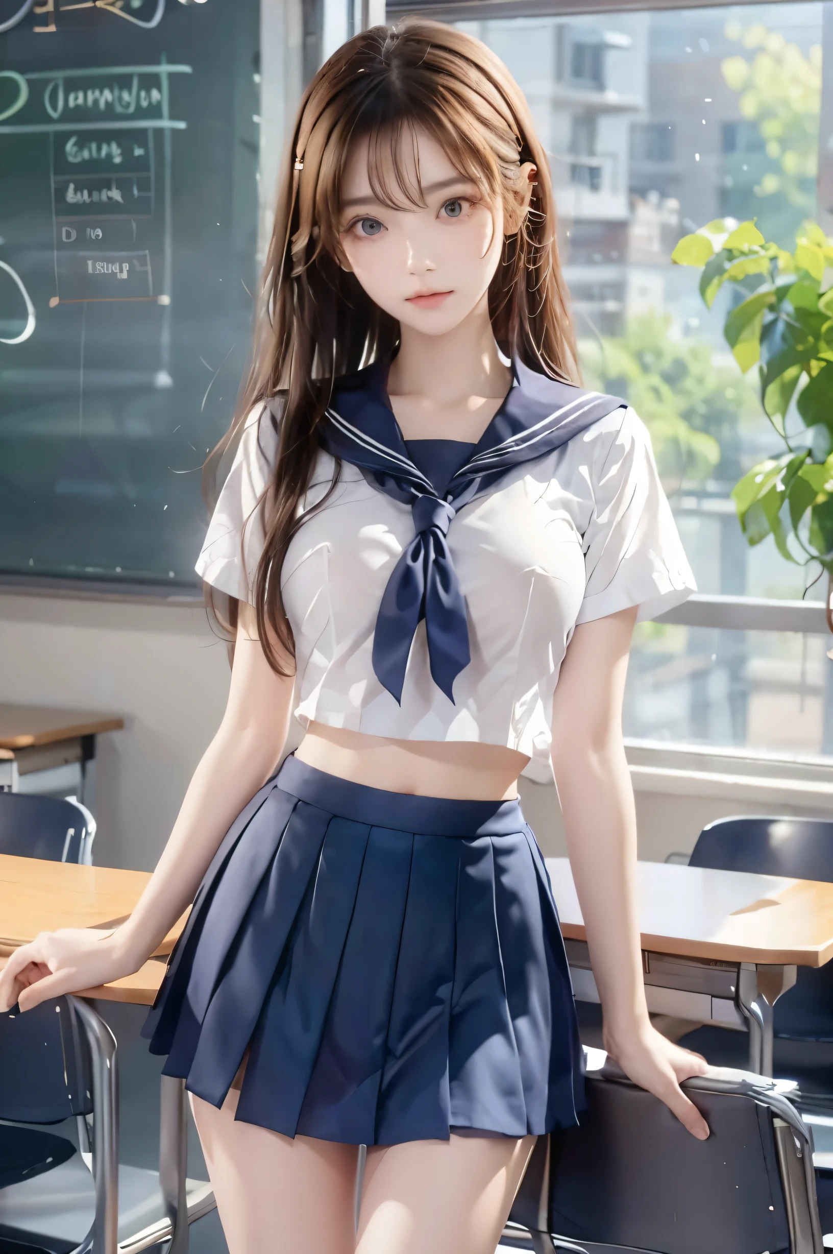 ( super high image quality ), ( looking over here), (Short-sleeved sailor uniform,  navy blue mini skirt), Big Breasts, Super beautiful breasts, Slender, (Thin legs:1.2), (Thin thighs:1.2), (Thin Hips:1.4), (Beautiful Skin,  shiny skin,  white skin), (Super slim face, Super beautiful face, No makeup, Smile:0.6), (Light Brown Hair,  semi-long, Layered Cut, Fluffy hair), (Big eyes:1.3, High corners of the eyes:1.6, double eyelid), (Thin eyebrows:0.1), (Small Nose:0.6), (Thin lips:0.6), Beautiful Hands, Empty-handed,  standing, School classroom