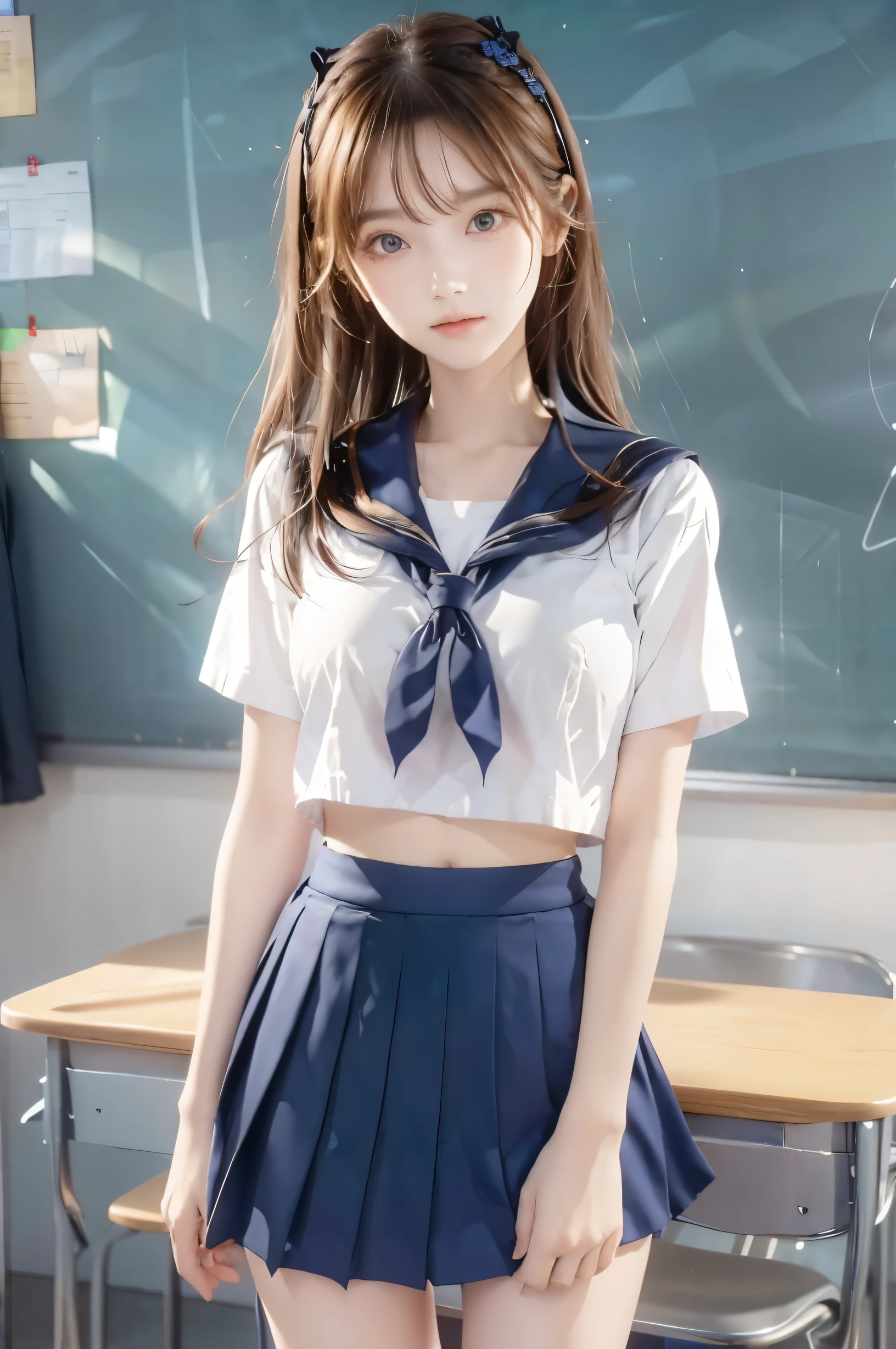 ( super high image quality ), ( looking over here), (Short-sleeved sailor uniform,  navy blue mini skirt), Big Breasts, Super beautiful breasts, Slender, (Thin legs:1.2), (Thin thighs:1.2), (Thin Hips:1.4), (Beautiful Skin,  shiny skin,  white skin), (Super slim face, Super beautiful face, No makeup, Smile:0.6), (Light Brown Hair,  semi-long, Layered Cut, Fluffy hair), (Big eyes:1.3, High corners of the eyes:1.6, double eyelid), (Thin eyebrows:0.1), (Small Nose:0.6), (Thin lips:0.6), Beautiful Hands, Empty-handed,  standing, School classroom