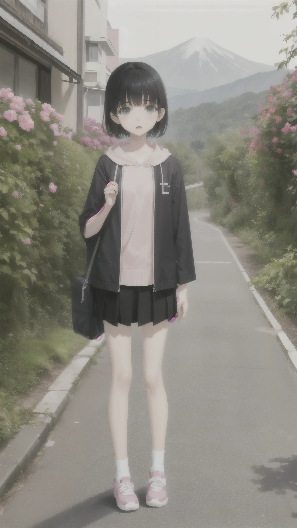 Japanese girl、１４age、 (((Full Body))), thin long sleeve jacket、 pink trainer 、 neakers、 carrying a daybag 、Traveling、Walking on a mountain path、 looking for something 、
