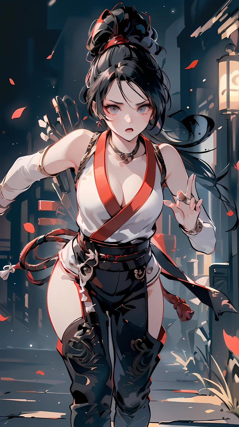 (((Best quality, 8k, Masterpiece: 1.3)), ((best quality)), ((masterpiece)), (detailed), perfect face, black hair, side ponytail, (ninja), female ninja, grim expression, holding a Japanese sword, running in the dark night, ninja costume