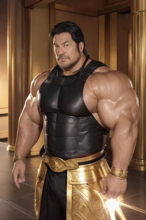 A strong middle-aged Japanese man. very short black hair, very short black goatee. Thick body. Golden armor, golden bracelets, golden breastplate, golden pauldrons, and the divine sword. A halo is shining. Inside a Greek-style temple.