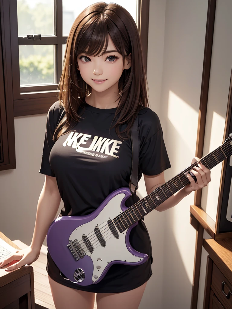 8k, Best Quality, The real picture,  complicated details, Very detailed,  super high definition, Depth Field, ( realistic, realistic), Tabletop, (( shot above the knee)), (((Standing and playing an electric guitar))), ((( 1 girl))), eye_Chan,  so beautiful, innocent big eyes, Beautiful breasts, 非常に詳細なeye, (Beautiful breasts), ((Brown Hair)), ( medium bob hair), (Asymmetrical bangs), Perfect Skin, Fair skin, Small breasts, Tight waist, Alone,  Staring at Viewers , (smile), ((Light purple Nike long t-shirt)), ( black miniskirt in a window seat), (Standing in the concert hall )