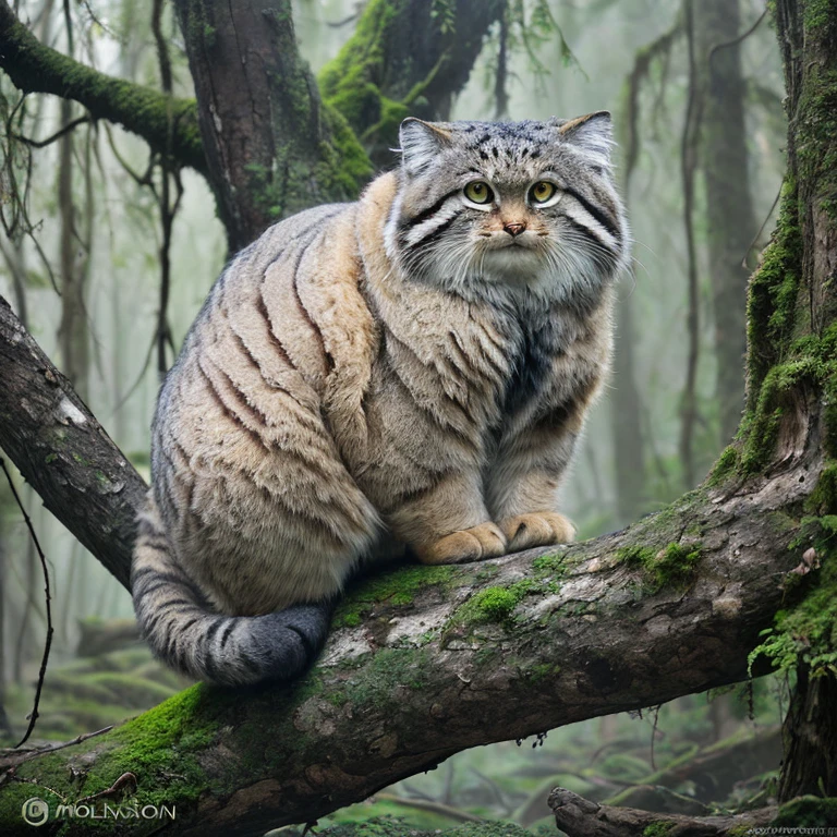 Manul 20,  Ansel Adams style ,  spectacular full body view of Manul cat sitting on an old tree branch in a primitive forest in Central Asia, Light fog, (Mossy branch , ,  gnarled , Dense foliage:1.2), (A magnificent composition, Golden Ratio:1.4), (masterpiece,  best quality, 16k, 8k, ultra  High Resolution , Absurd,  High Resolution , masterpiece,  best quality,  DSLRs , RAW Photos:1.2),  clean focus ,  full sharp , 16k, 8k, ultra  High Resolution , Absurd,  High Resolution ,  very detailed, Advanced Details,  complicated details