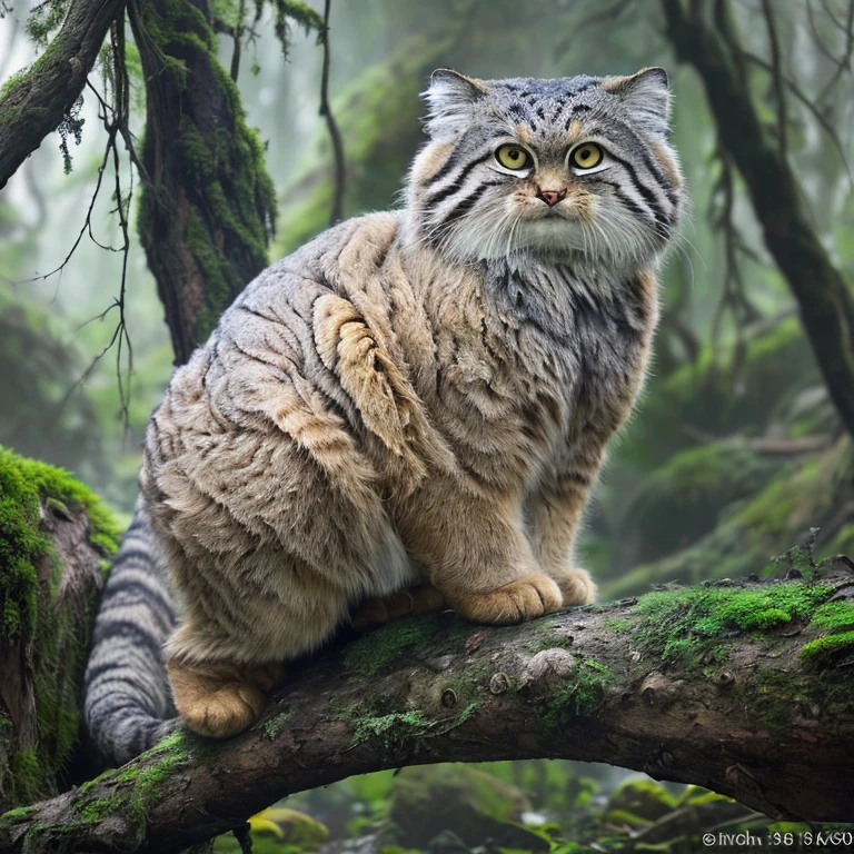 Manul 20,  Ansel Adams style ,  spectacular full body view of Manul cat sitting on an old tree branch in a primitive forest in Central Asia, Light fog, (Mossy branch , ,  gnarled , Dense foliage:1.2), (A magnificent composition, Golden Ratio:1.4), (masterpiece,  best quality, 16k, 8k, ultra  High Resolution , Absurd,  High Resolution , masterpiece,  best quality,  DSLRs , RAW Photos:1.2),  clean focus ,  full sharp , 16k, 8k, ultra  High Resolution , Absurd,  High Resolution ,  very detailed, Advanced Details,  complicated details