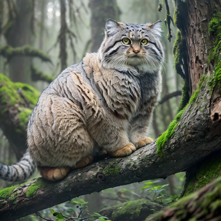 Manul 20,  Ansel Adams style ,  spectacular full body view of Manul cat sitting on an old tree branch in a primitive forest in Central Asia, Light fog, (Mossy branch , ,  gnarled , Dense foliage:1.2), (A magnificent composition, Golden Ratio:1.4), (masterpiece,  best quality, 16k, 8k, ultra  High Resolution , Absurd,  High Resolution , masterpiece,  best quality,  DSLRs , RAW Photos:1.2),  clean focus ,  full sharp , 16k, 8k, ultra  High Resolution , Absurd,  High Resolution ,  very detailed, Advanced Details,  complicated details